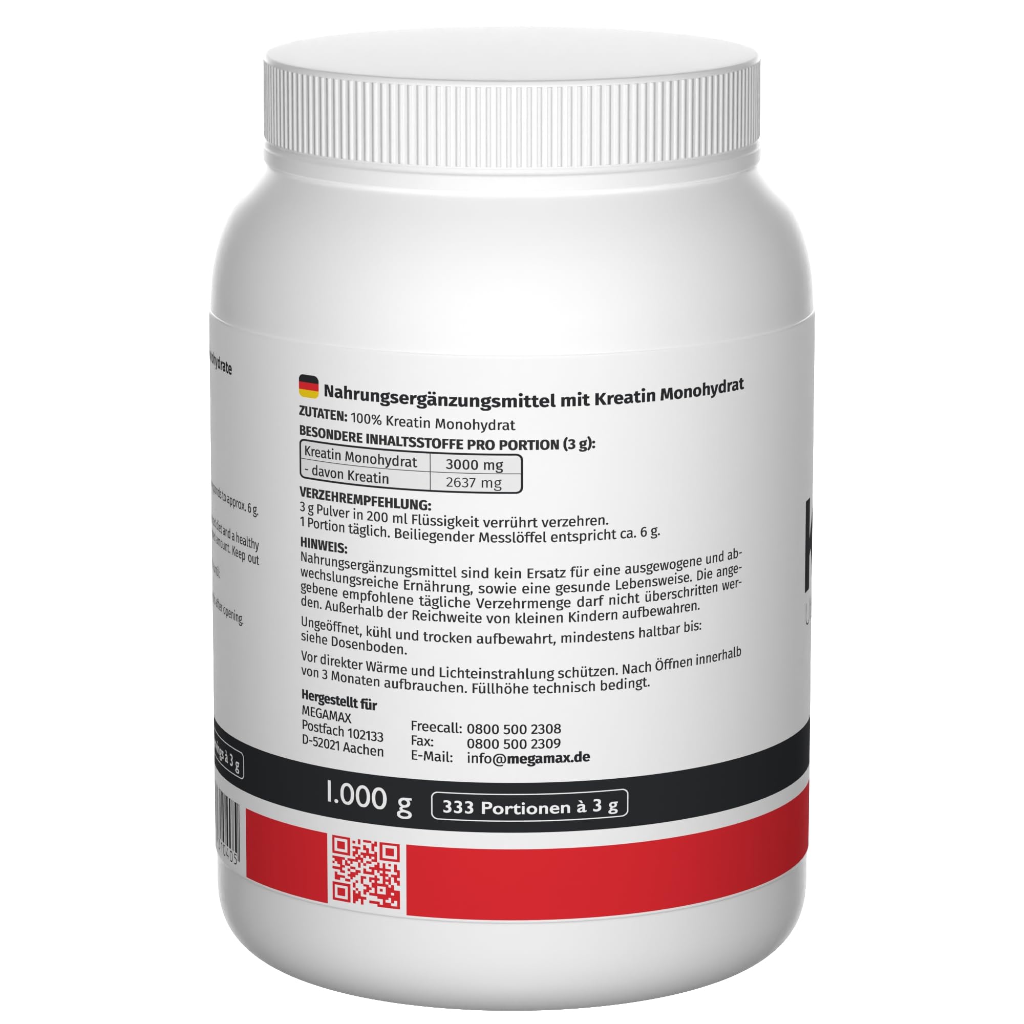 MEGAMAX Kreatin Pulver hochdosiert reines Creatin Monohydrat - ultrafeines kreatin-monohydrat Kreatine 1000 g