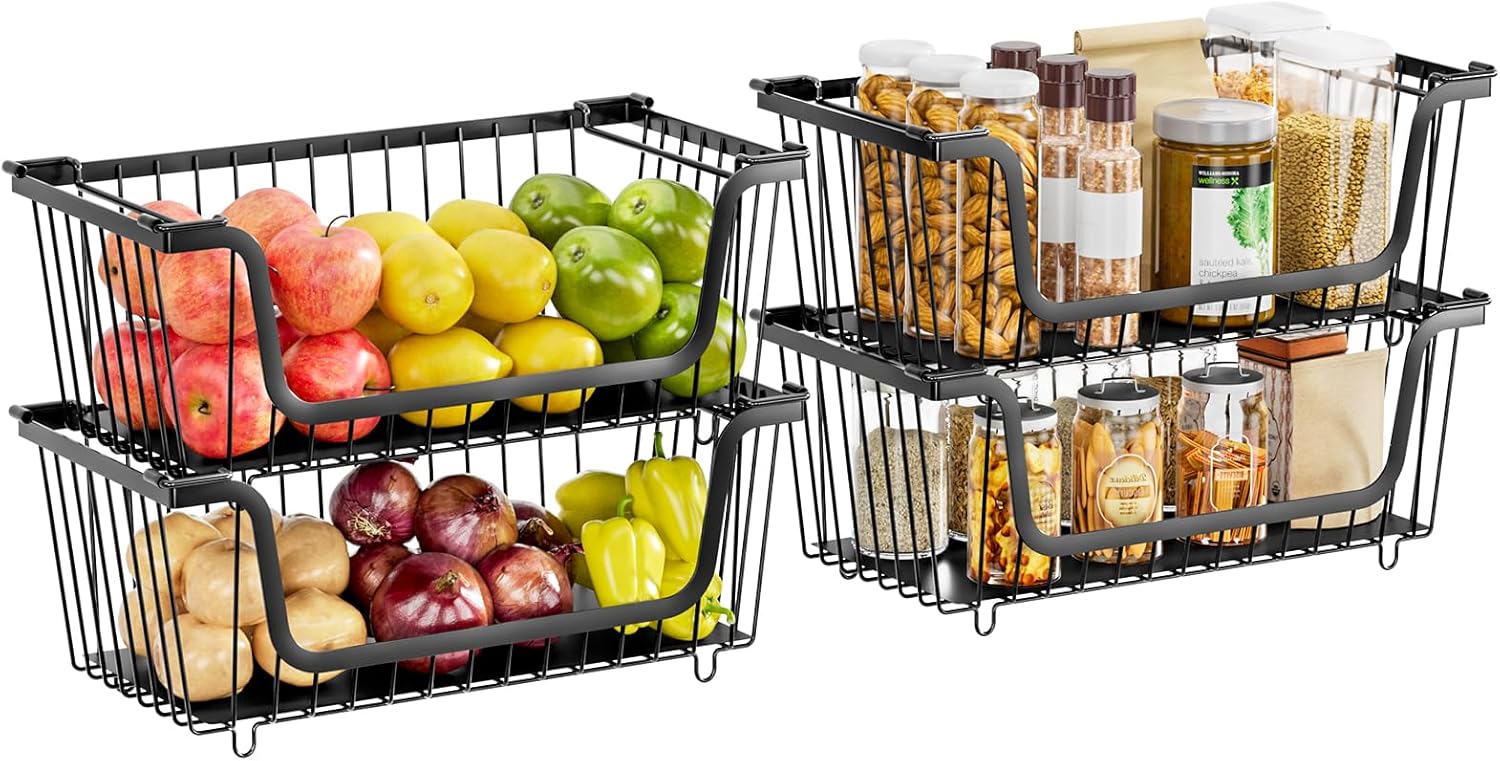 4 Pcs Stackable Wire Baskets for Pantry Organizers and Storage,Kitchen Storage Metal Baskets,Produce Potato Onion Storage Bin,Vegetable Fruit Basket for Countertop,Black - Image 9