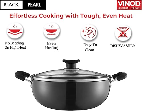 Miniatura 4 de Vinod Black Pearl - Kadhai profundo anodizado duro con tapa de vidrio  Negro  3.1 litros (3.2 cuartos de galón)  9.4 in  Asas remachadas  Olla