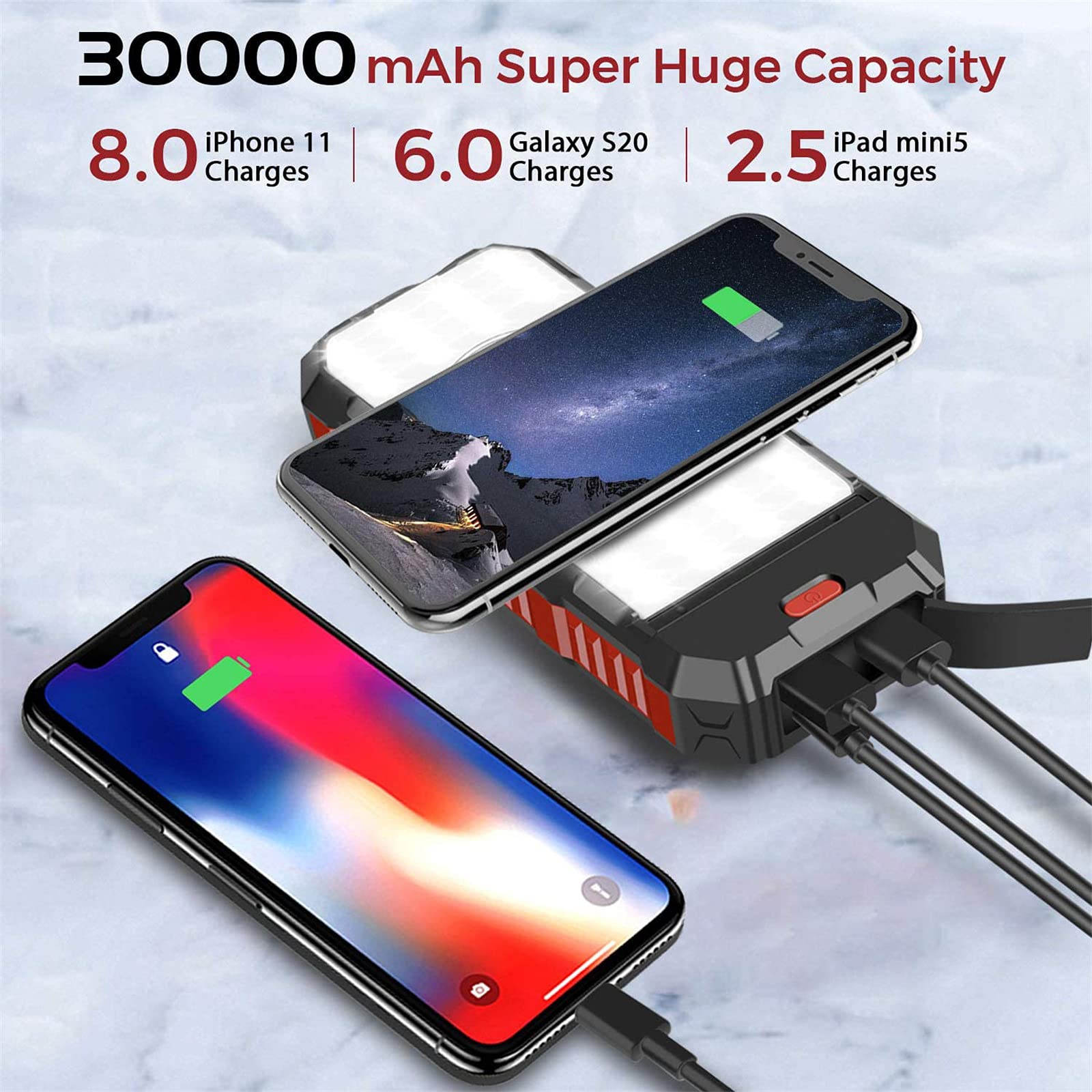WFEI Banca di Carica del Caricatore Solare, Carica Rapida, Carica Wireless, Caricabatterie Portatile con Torcia Elettrica, Impermeabile per Esterno, Compatibile con Smartphone