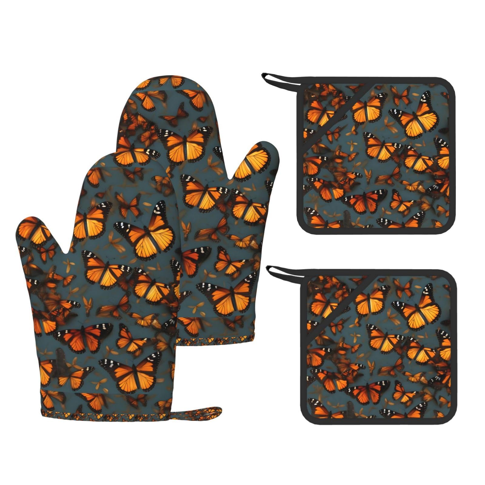 Heaps Of Orange Monarch Butterflies Print Kitchen Heat Resistant Set,Cooking Kit With Hanging Loop For Baking & Bbq