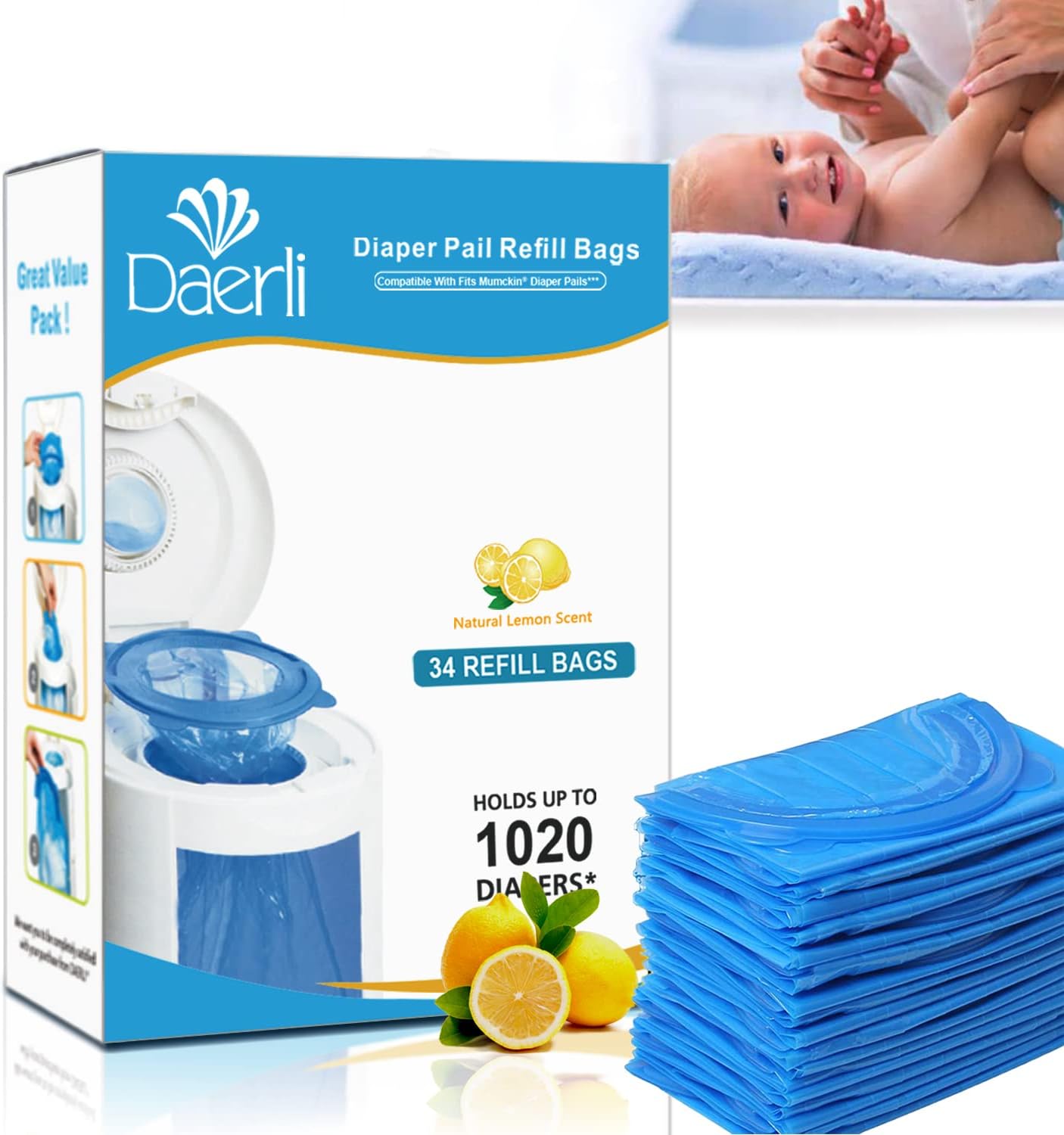 Baby Diaper Pail Refill Bags,100 Lock Odor (34 Bags) True