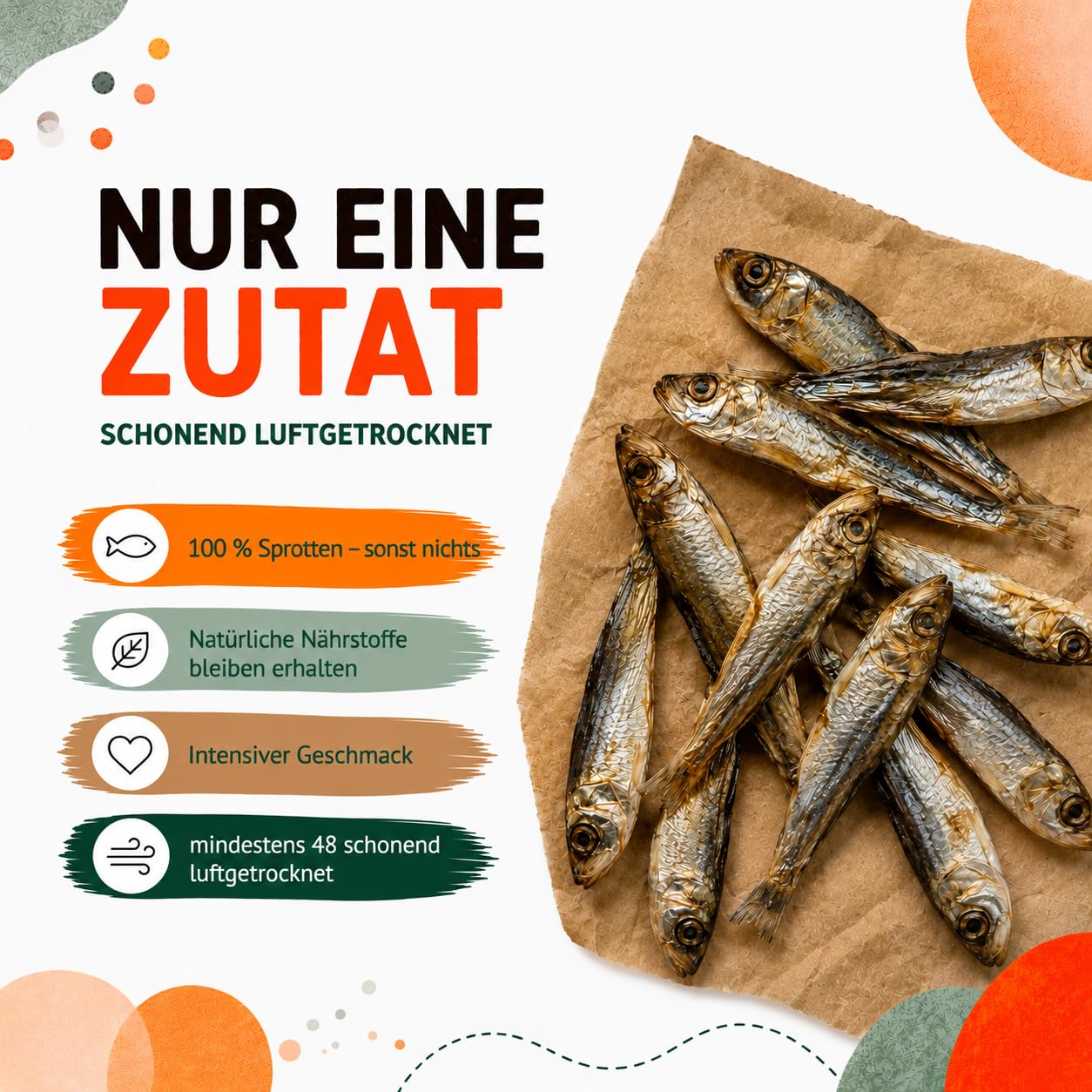Getrocknete Sprotten für Hunde & Katzen, 100% Fisch, natürlicher Fischsnack & Kausnack, reich an Omega-3 Fettsäuren, Monoprotein, ohne Zusatzstoffe, getreidefrei, Hundesnack & Katzensnack (1kg)