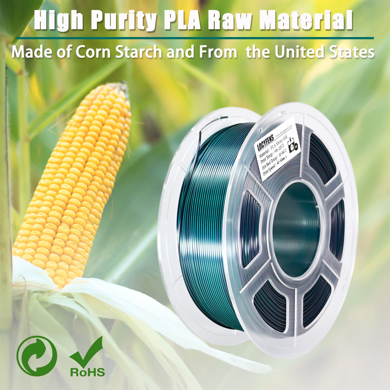Filamento PLA de 1.75 mm, filamento de impresora 3D de ácido poliláctico sedoso, filamento de doble color, negro y verde, coextrusión 2 en 1, filamento PLA de 1.75 mm +/-0.02 mm, 1 kg