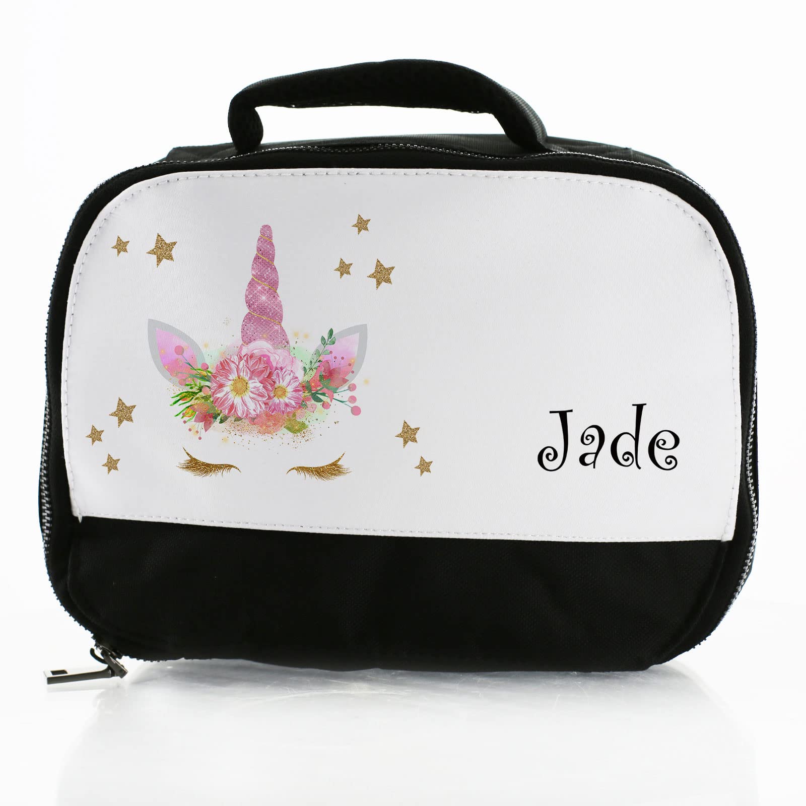 Hairyworm Personalised Bag, Black and White Insulated Lunch Bag Customised with Name/Text, Gold Star Pink Horn Unicorn Print Design, Dinner Bag for School Hot and Cold Food, Size: (18cm x 25cm x 8cm) โ image 1