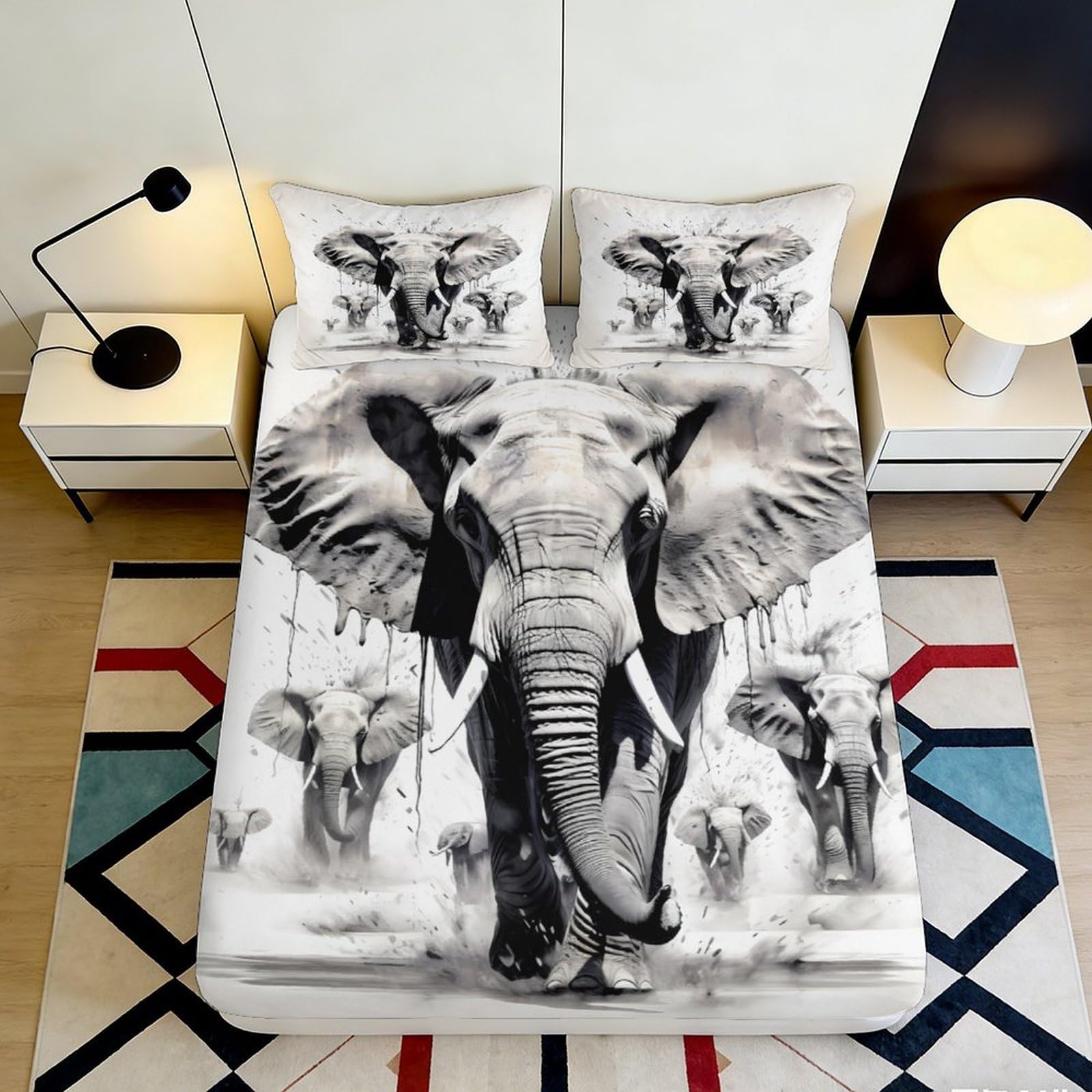 3D Printed Elephant Herd Fitted Sheet Microfiber Anti-Slip Grey African Animal Mattress Cover Bedroom Decor 120x200cm 90x200x25cm