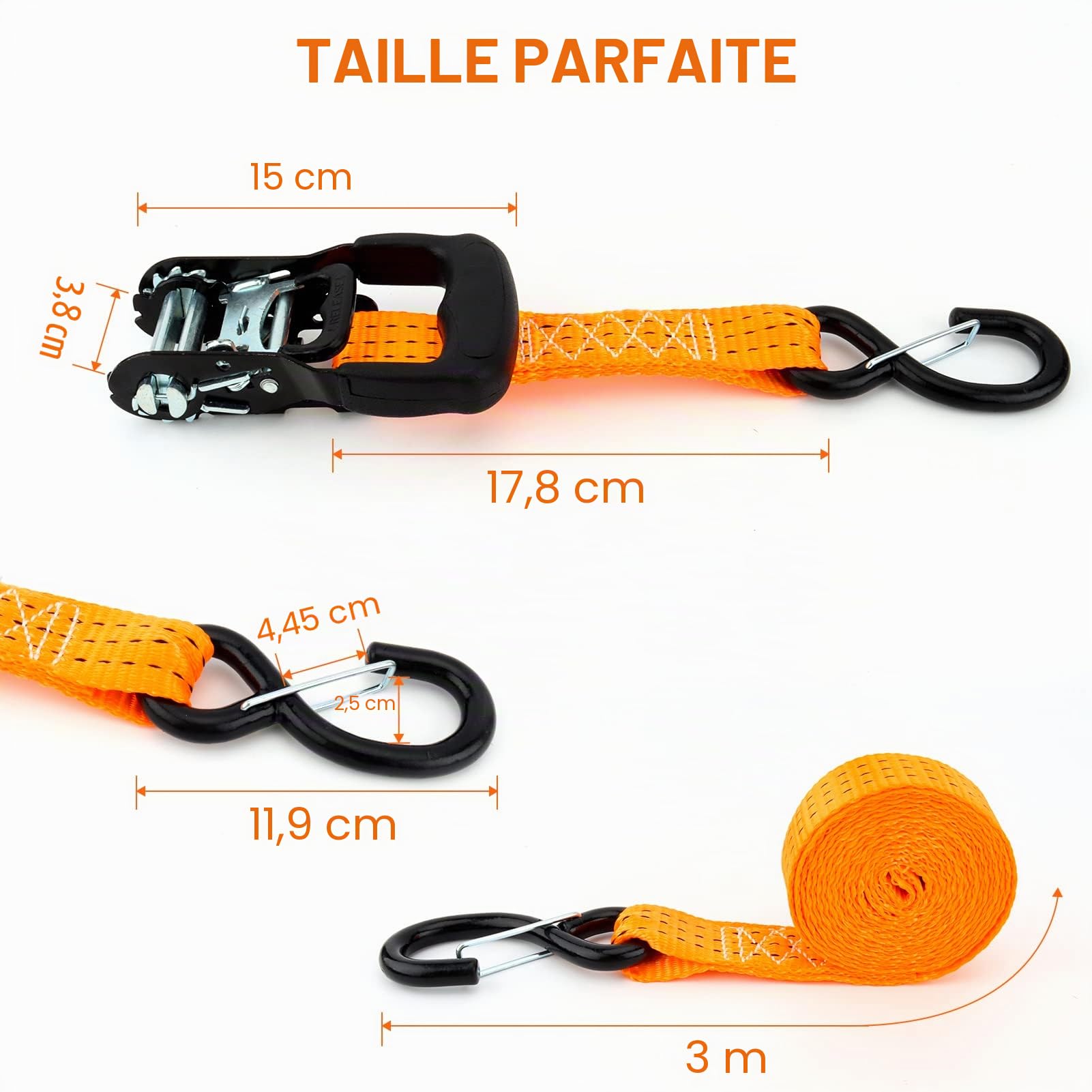 Sangle à cliquet pour Jetski – Sangle d'arrimage à 3 Points – 3 cm x 3 m – Très Robuste – pour jetskis, Seadoo, Waverunner, PWC, résistance à la Rupture de 1 360,8 kg – Crochets en S avec Clip de