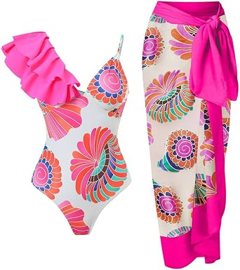 Women Swimsuit with Cover Up Vintage Swimwear Wrap Sarong Bikini Two Piece Swimsuits Tummy Control Tankini Set