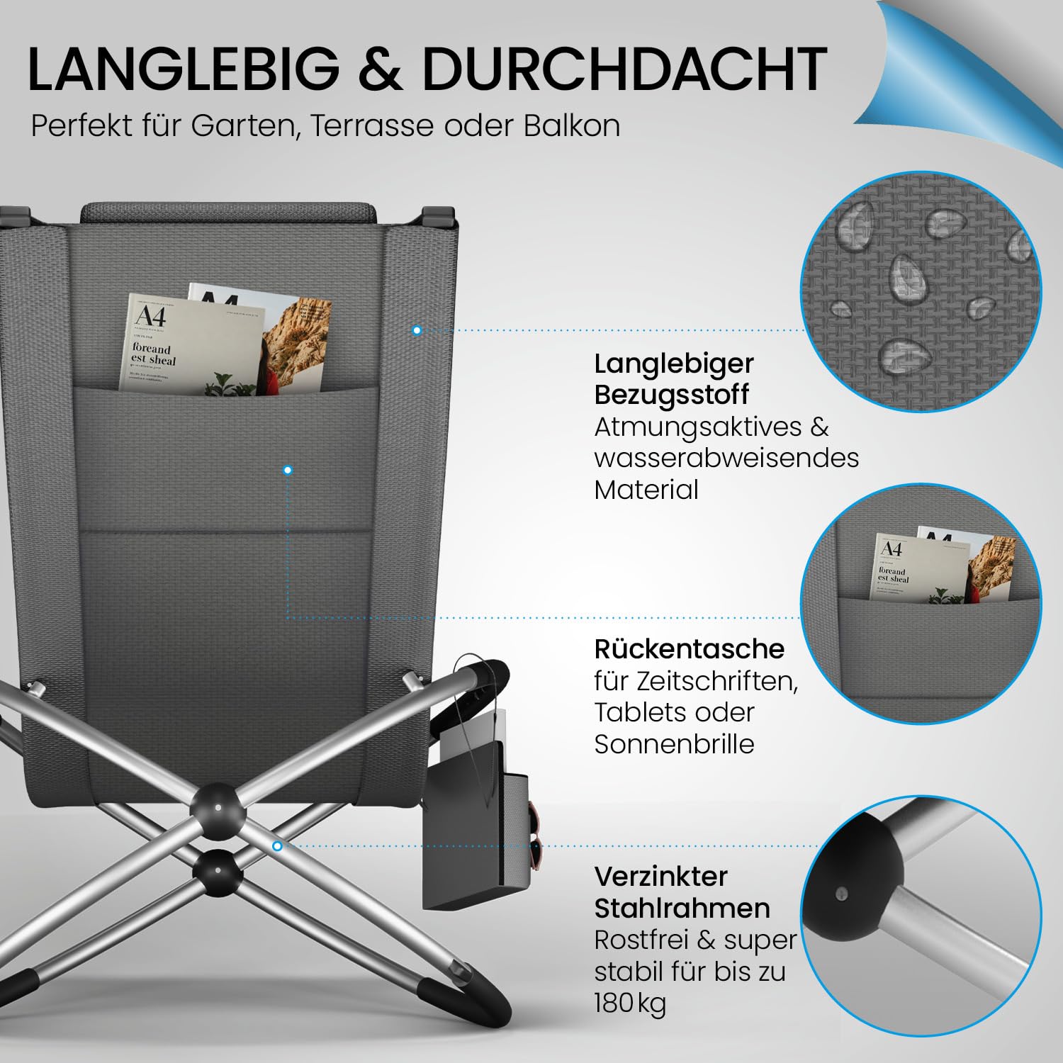 ELONEO Schaukelliege Outdoor mit Tasche, Relaxliege bis 180 kg Belastbarkeit, Schaukelsessel Outdoor, Liegestuhl wetterfest, Sonnenliege für Garten und Balkon, anthrazit