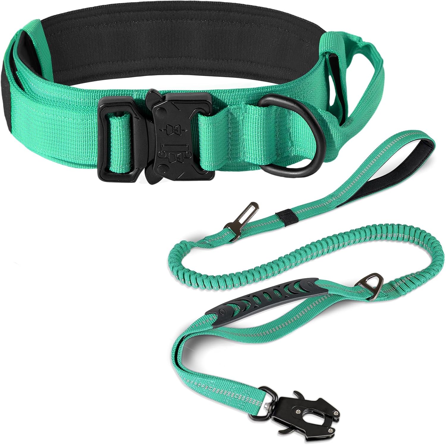 Joytale Tactical Dog Collar(20"-24") and Dog Leash Set, Adjustable Strong Dog Collar with Handle and Shock Absorbing Bungee Dog Leash for Extra Large Dogs(Turquoise,XL)