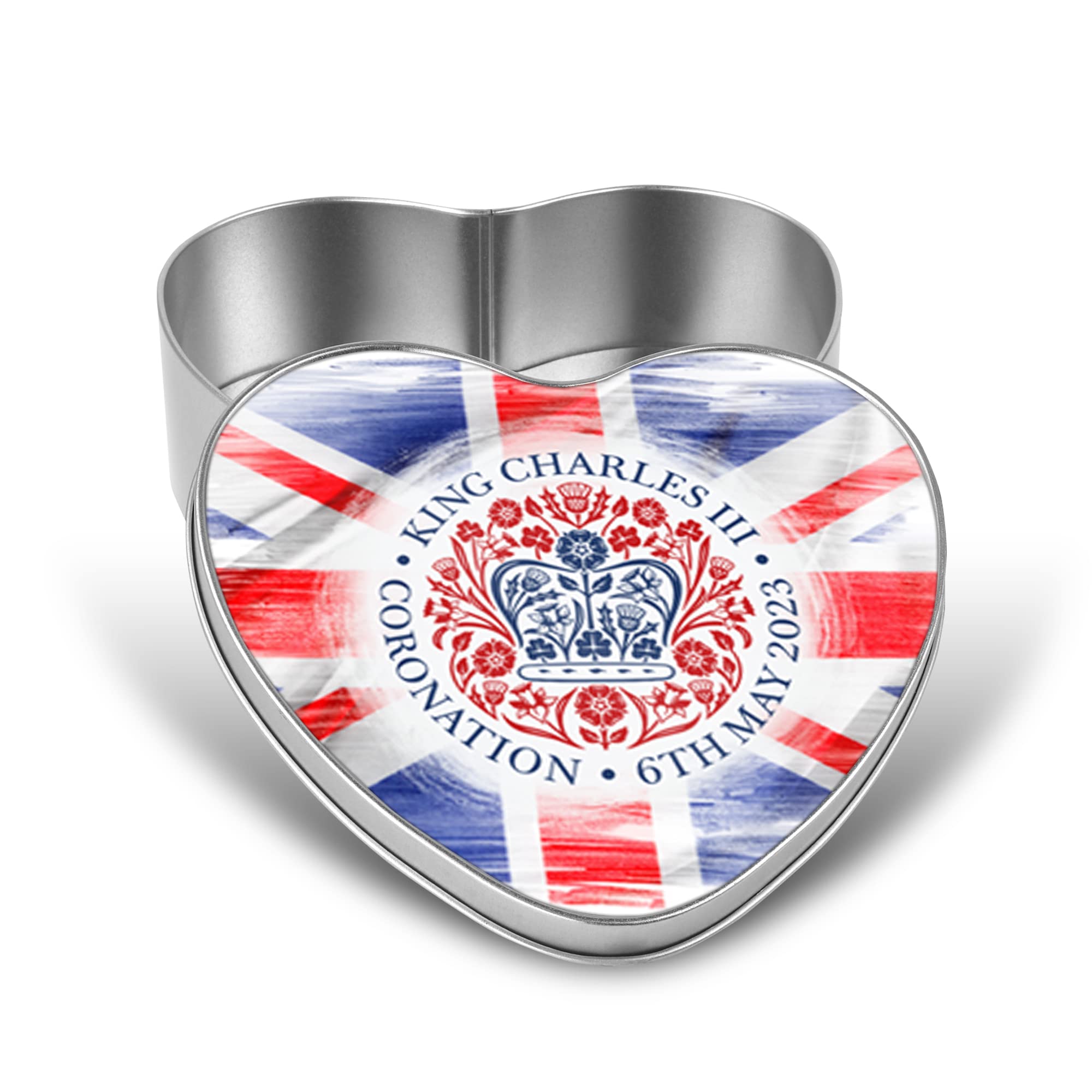 Print Maniacs Silver Kings Coronation Heart Tin 2023 Official Brushed Union Jack King Charles Iii Commemorative Souvenir Gift His Majesty The King Royal Memorabilia Gifts Coronation Memorabilia