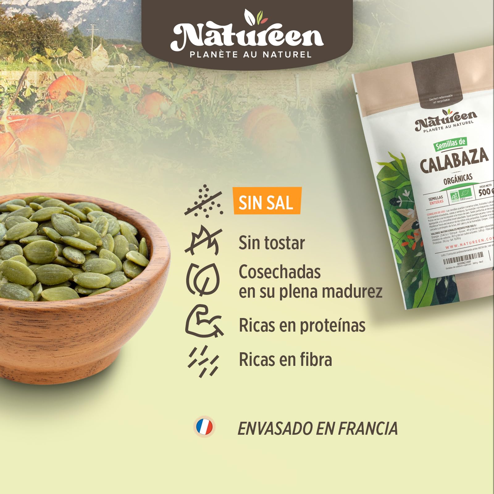 Semillas de Calabaza Orgánicas - 500g - Curcubita pepo - Semillas Enteras, Decorticadas, Sin sal