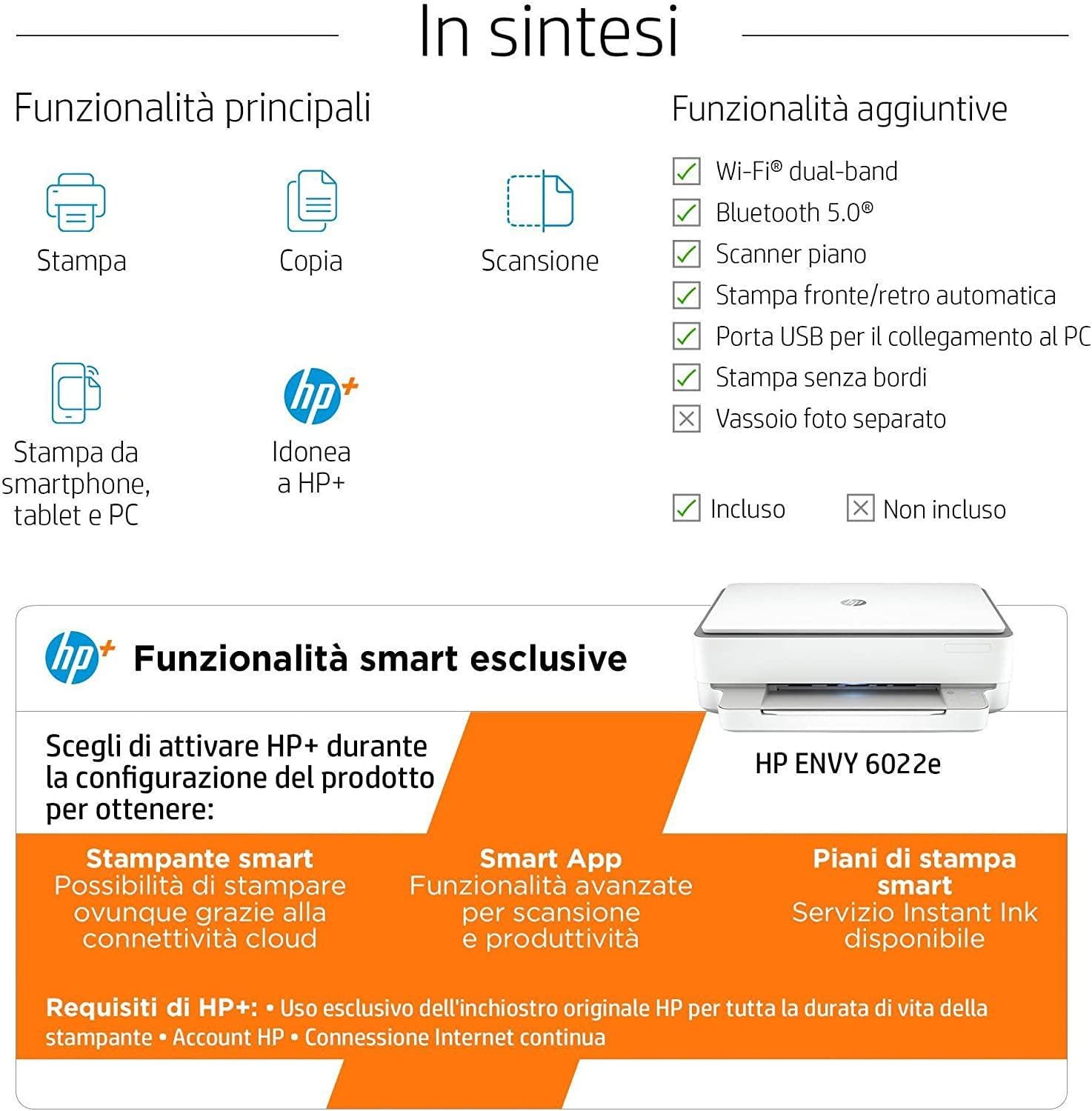HP Envy 6022e All-in-One, Stampante Fotografica Multifunzione A4, 6 mesi di Instant Ink inclusi con HP+