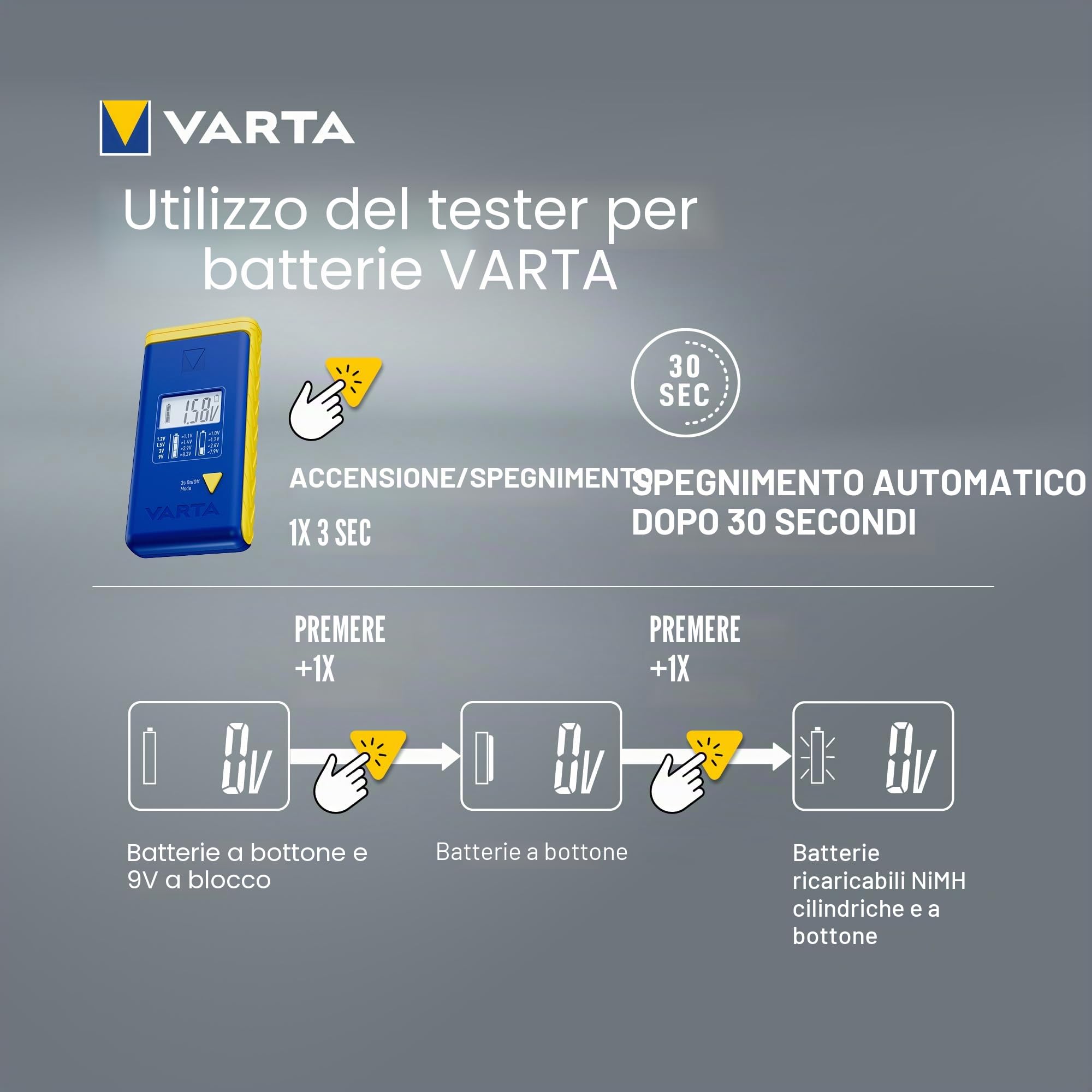 VARTA Tester Batterie LCD digitale per batterie AA AAA C D 9V LR44