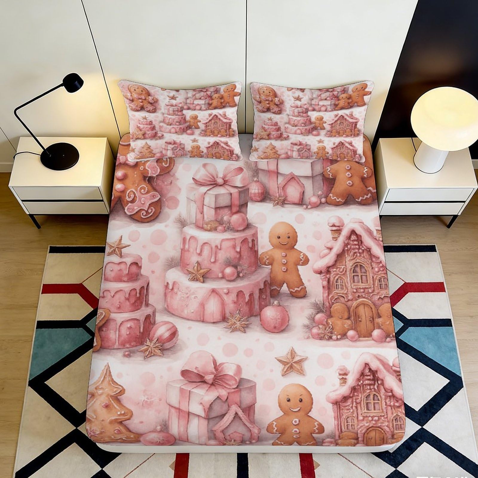 3D Printed Gingerbread Fitted Sheet Microfiber Deep Pocket Bedroom Bedding Gingerbread House Mattress Fitted Cover Elastic Hem Non-Slip Washable 160x200x25cm