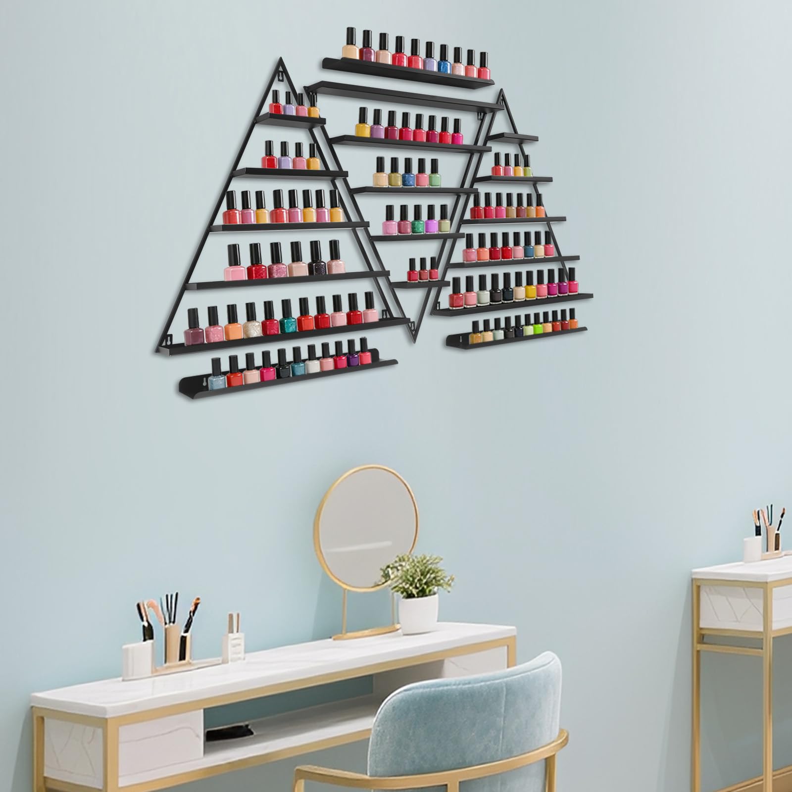6 Sets Nagellack Regal, Wandmontierte Nagellack Ausstellungsregale, Dreieckiges Präsentationsregal, Atherisches Organizer bis 45kg , 66*7*70 cm, für Nagellack Parfüm Lipstick Ätherische Öle, Schwarz