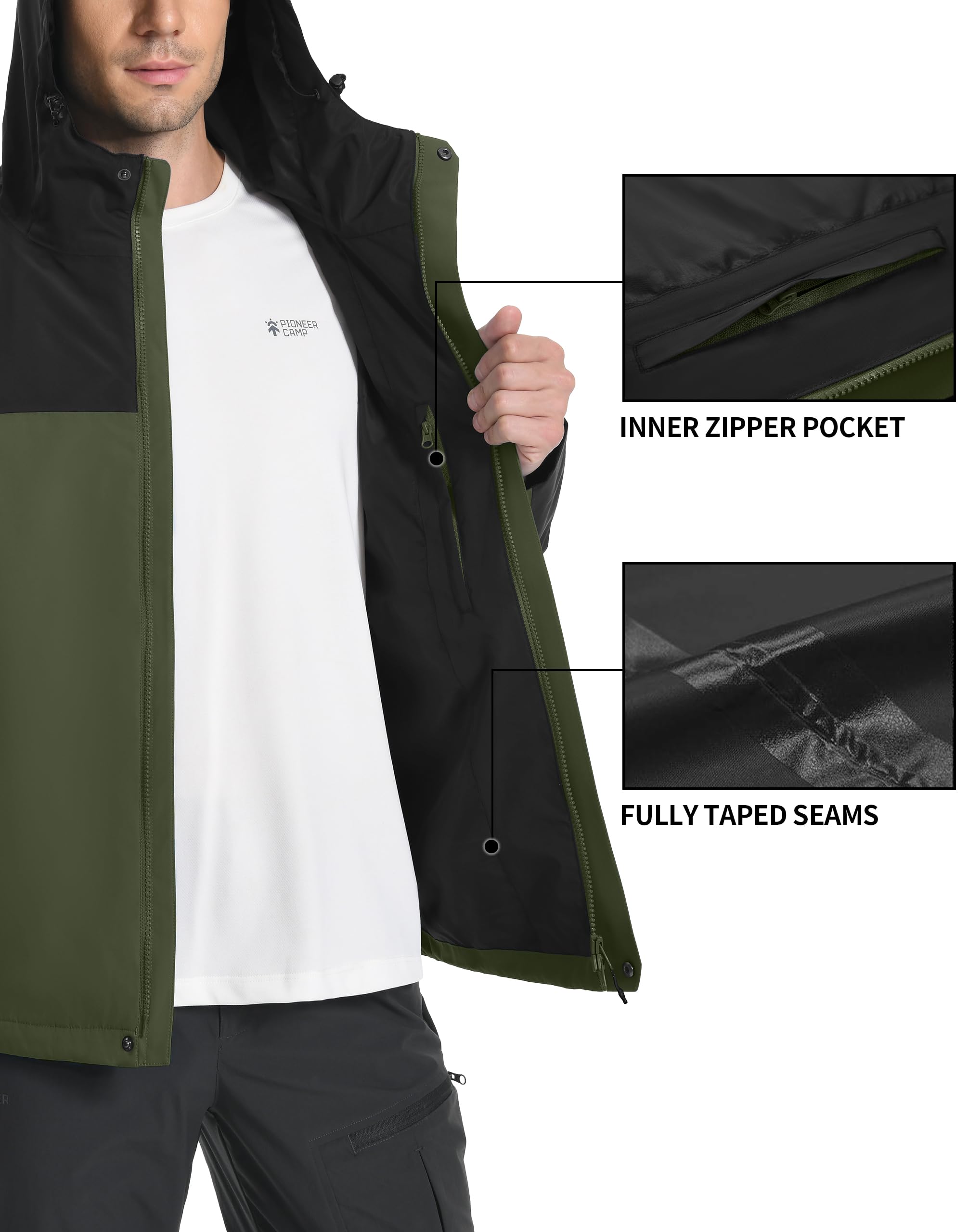 Pioneer Camp Chaqueta impermeable para hombre, con capucha, ligera, para senderismo, 4 bolsillos, cortavientos
