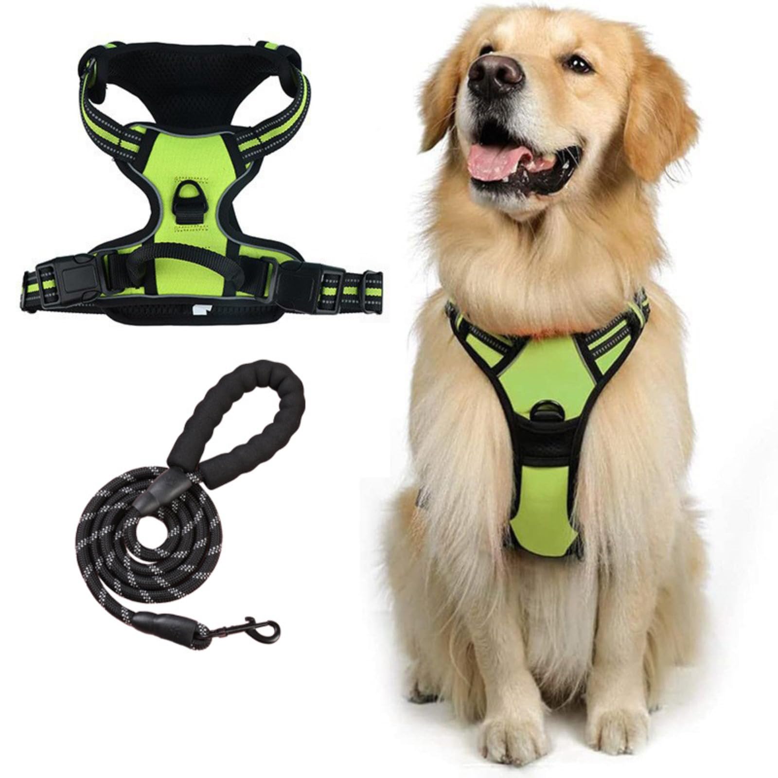 Wuffy Anti Zieh Geschirr für Hunde, reflektierend, verstellbar, kein Ziehen & kein Husten, weich gepolstertes Hundegeschirr mit Griff für kleine bisGroße Hunde (XL (45–90 kg),Grün + Kordel)