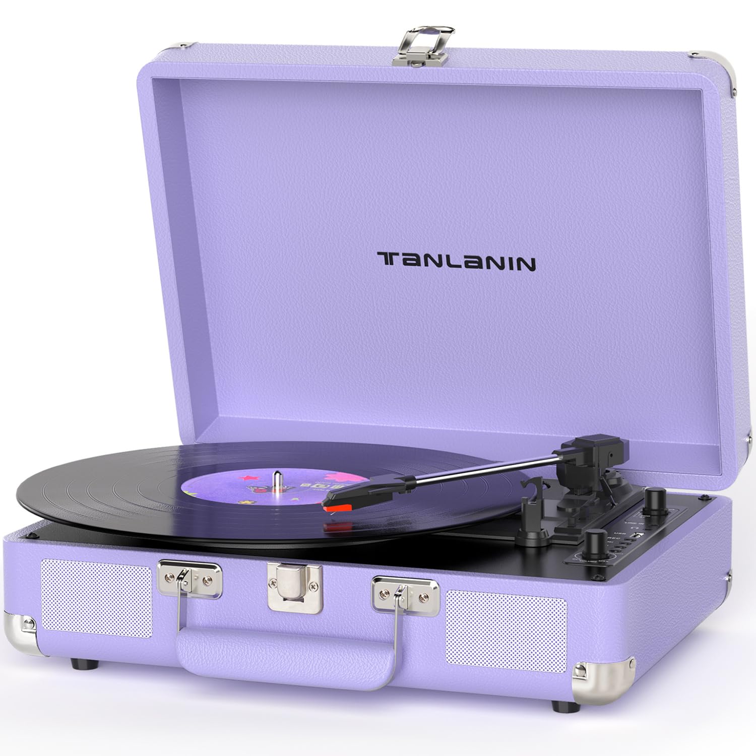 Vinyl Record Player 3-Speed Bluetooth Portable Turntable with USB Recording Built-in Speakers Belt Drive AUX/RCA/Headphone Jacks, Purple Leather Suitcase Record Player for Vintage Music Gift