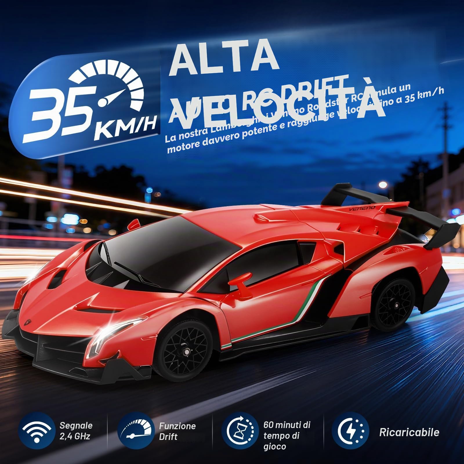 Lamborghi-ni, Scala 1:18, 4 ruote motrici, 35 km/h, con acceleratore proporzionale, illuminazione a LED, per bambini 6-12 anni