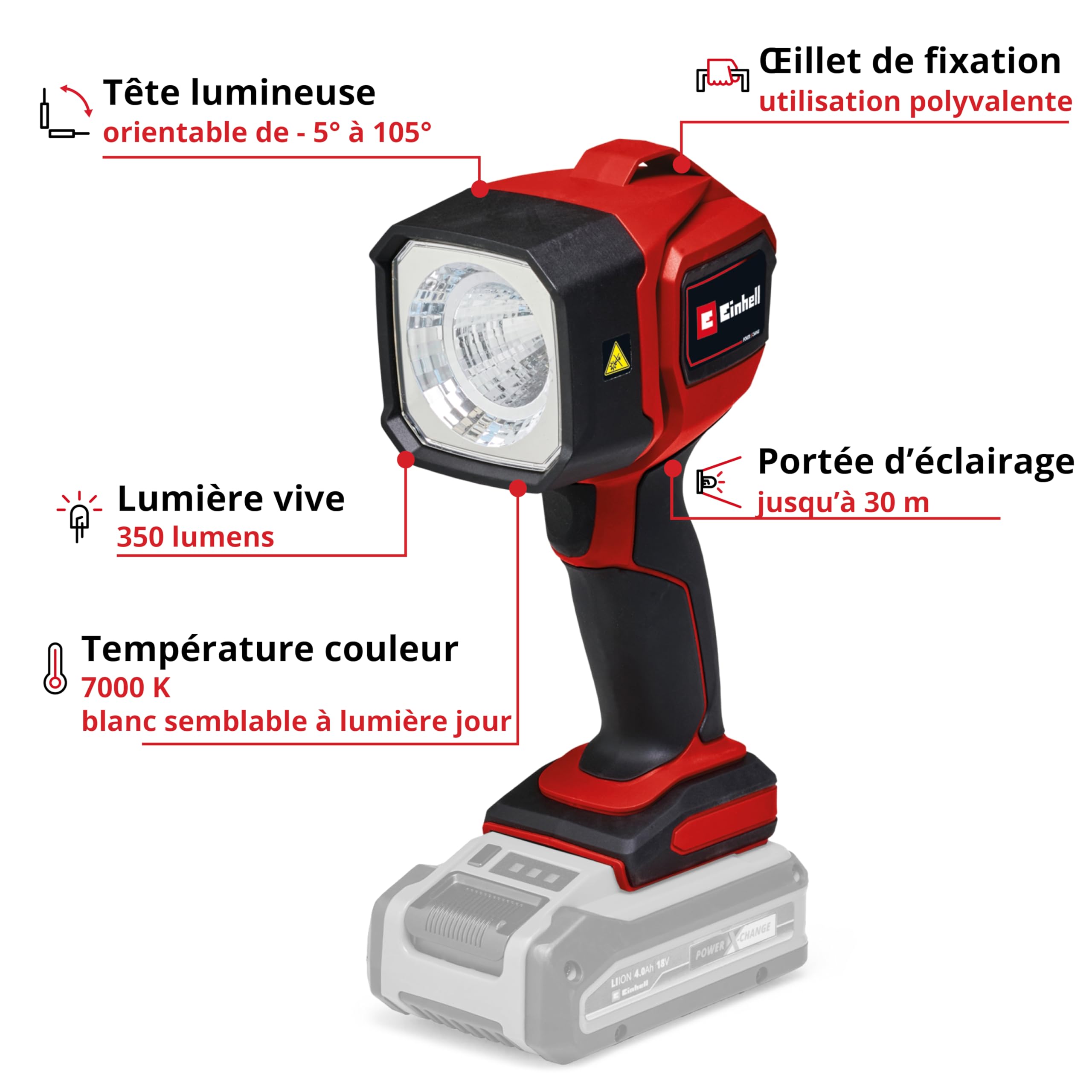 Einhell Lampe sans fil TC-CL 18/350 Li-Solo Power X-Change (18 V, 350 lm, 7 000 K, portée de 30 m, tête lumineuse orientable, LED haute qualité, sans batterie)