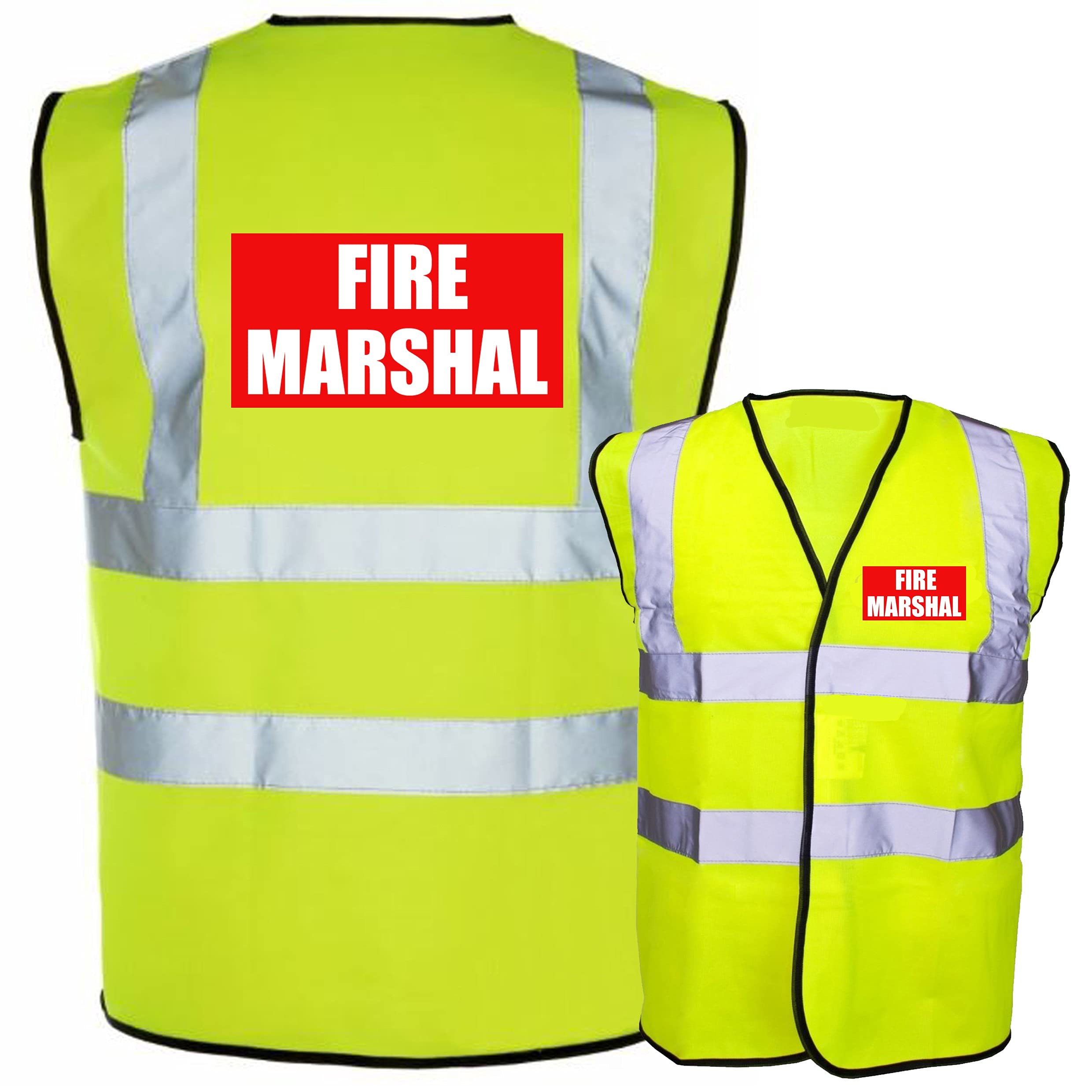 Fire Marshal In Red Box Yellow Hi Vis Safety Vest High Viz Waistcoat Supplied by Simply Hi Vis Clothing UK.