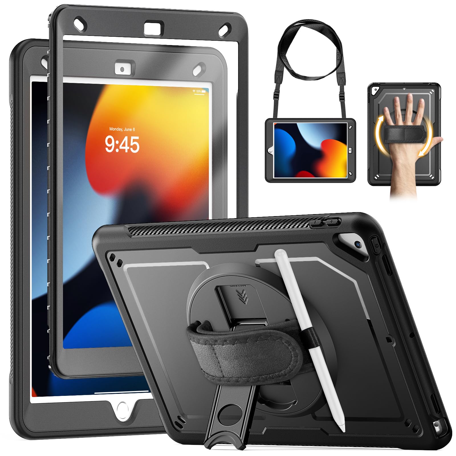 KAIJIAbox for iPad 9th/ 8th/ 7th Generation Case 10.2 Inch (2021/2020/2019) | Full-Body Shockproof Protective Case with Screen Protector, 360° Rotating Stand, Hand & Shoulder Strap, Black