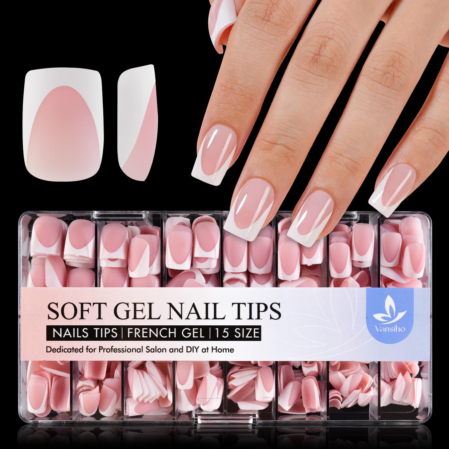 Vansiho Deep French Gel Nail Tips 600Pcs, Short Square Soft Gel Nail Tips, Pink French Tips Press on Nails, Fake Nails with Box for Nail Art DIY 15