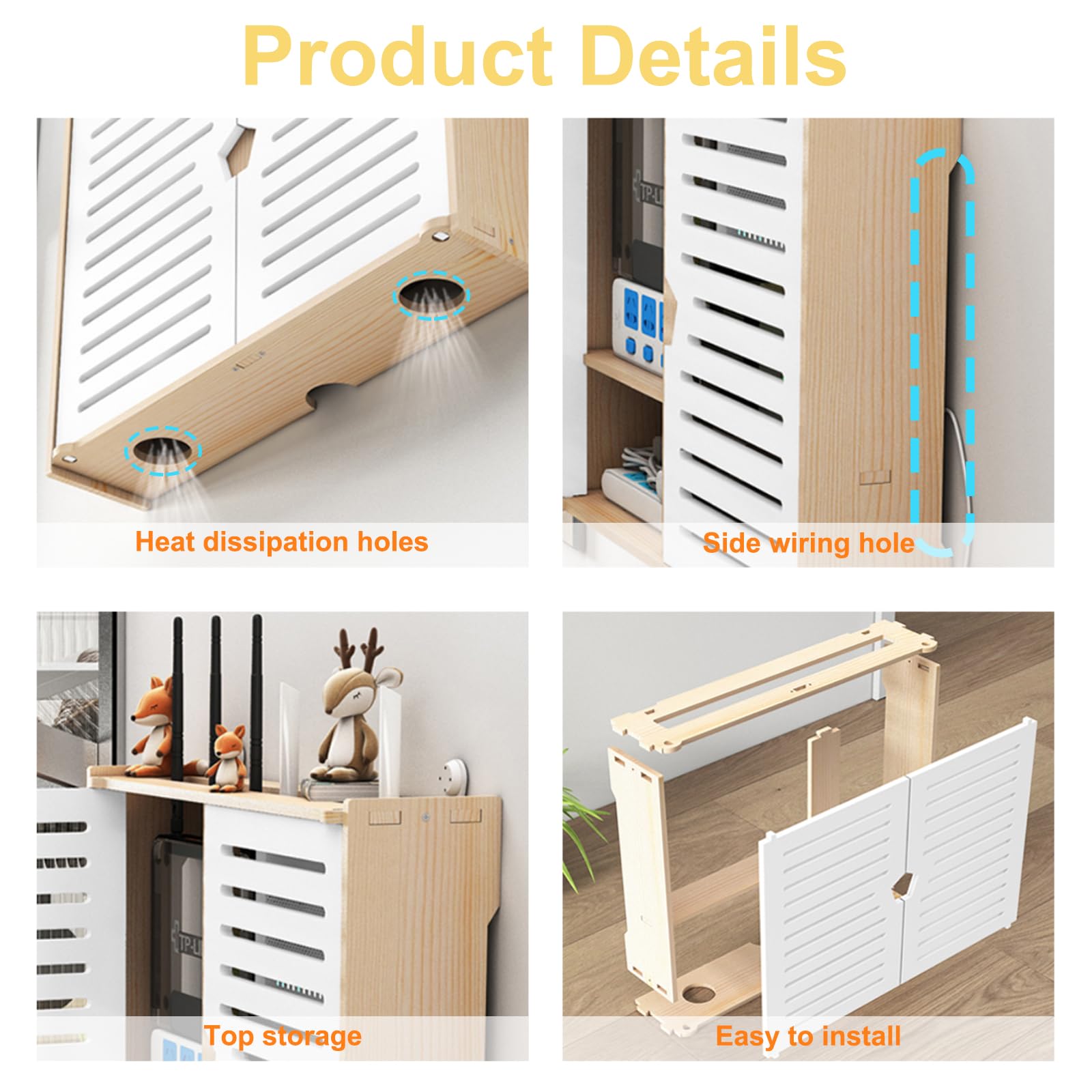 Porta Modem da Parete, Scatola di Immagazzinaggio per Router WiFi, Cavi, Prese, Mensola per Router WiFi da Parete - Doppia Porta, Legno Organizer Cavi per Casa e Ufficio(40×30cm,Double Layer)