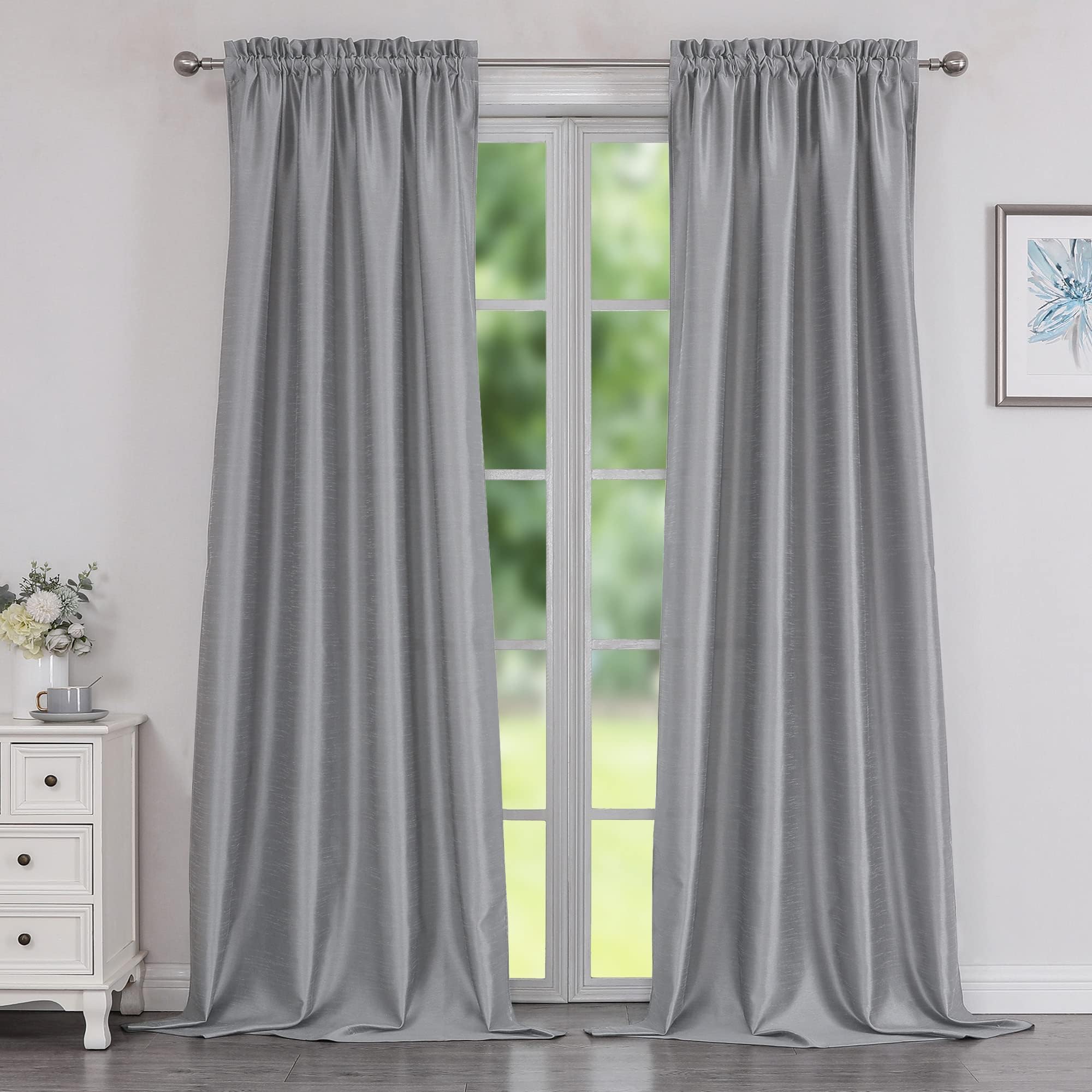 Chyhomenyc Uptown Faux Silk Living Room Window Curtains, 2 Panels Slub Textured Silver Gray Curtains 96 Inches Long, Luxury Airy Room Darkening Rod Pocket Bedroom Curtains for Home Decor, 42" Wx96 L