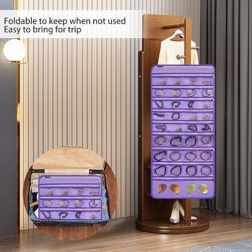 Miniatura 5 de Organizador de joyas colgante para sostener aretes, pulseras, anillos, soporte de collar de doble cara con 52 bolsillos con cremallera y 7 trabillas