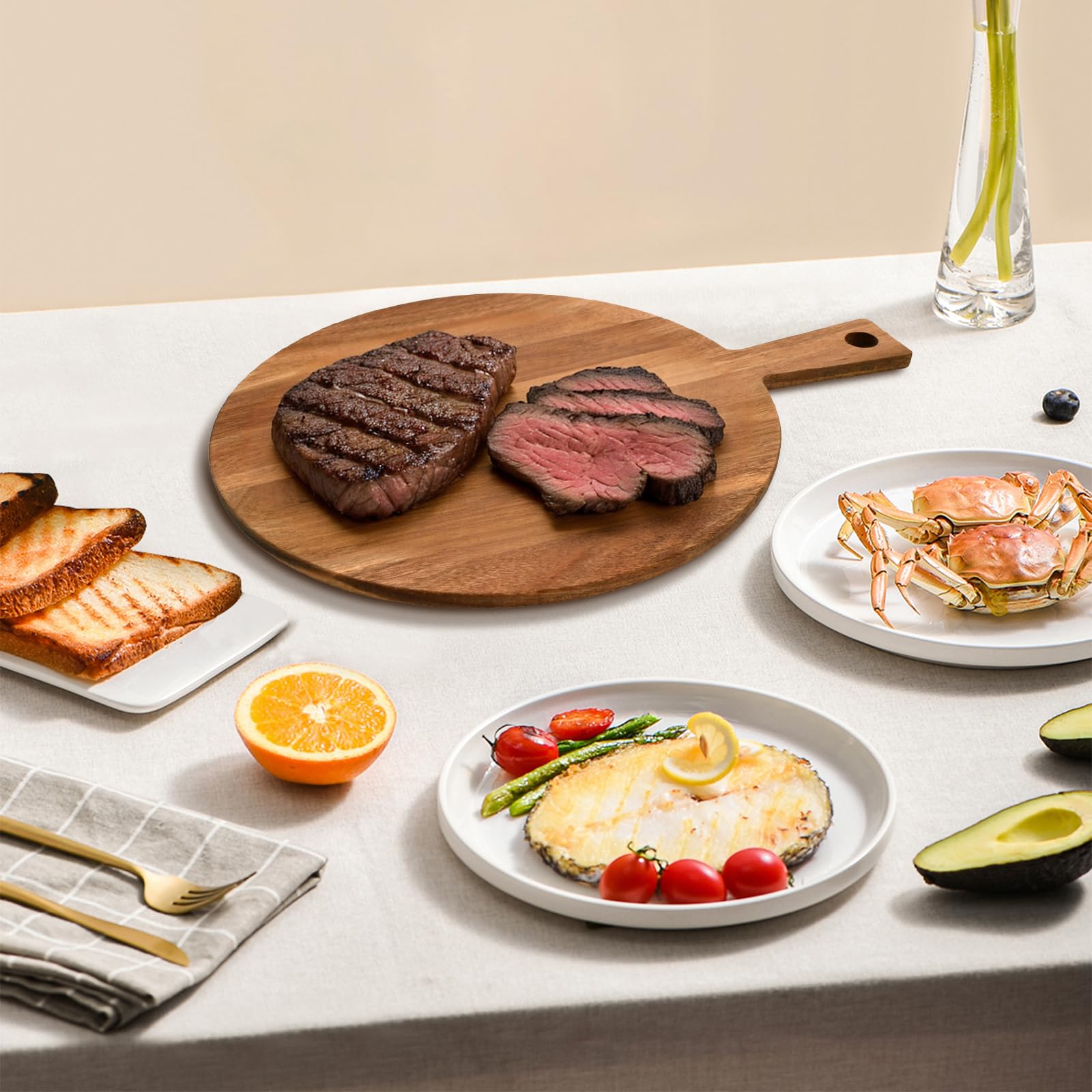 Tabla de pizza de madera de acacia redonda con asa, 30 x 40 x 1,5 cm, para sashimi, bistec y tartas