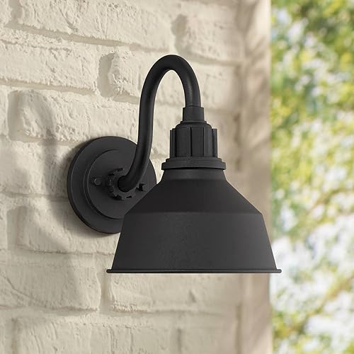 Miniatura 9 de Franklin Iron Works Arnett - Juego de 2 lámparas de pared industriales rústicas para exteriores, brazo de cuello de cisne de metal negro, pantalla