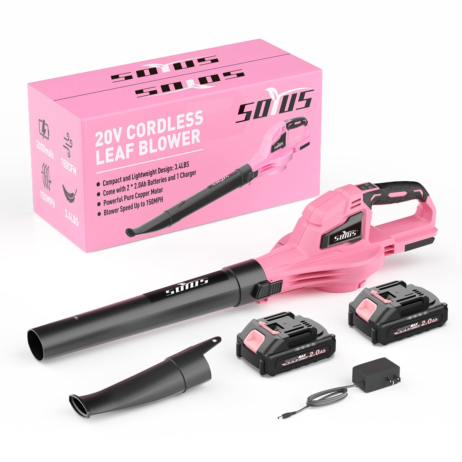 SOYUS Leaf Blower, 20V Leaf Blower Cordless with 2x2.0Ah Battery and Charger, 150 MPH Electric Leaf Blowers with Two-Speed Mode, Blowers for Lawn Care, Debris Dust CleaningοΌPinkοΌ