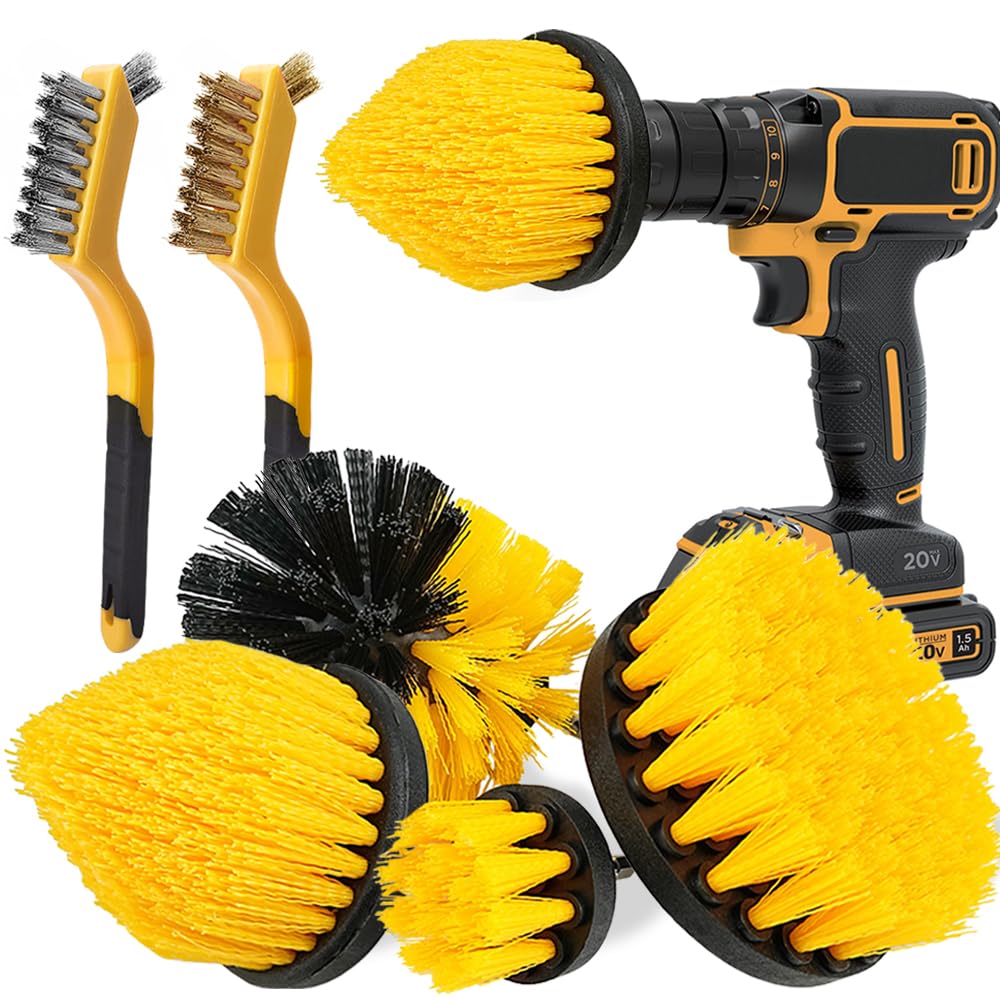 6pcs Drill Brush Attachment Set, 4pcs 1/4in Power Cleaning Brushes + 2pcs Hand Mini Wire Brushes, Drill Brush for Cleaning Bathroom, Tile, Carpet, Grout, Car Wheels, Kitchen