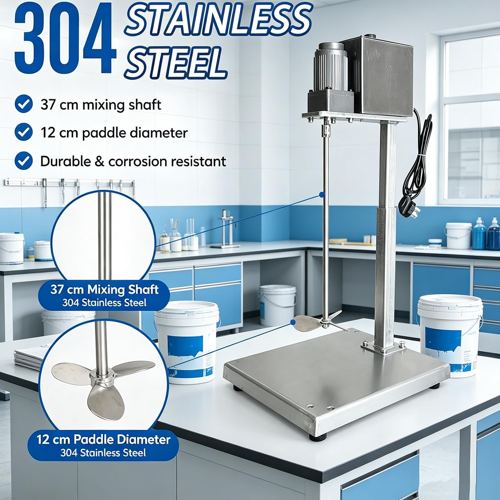 Miscelatore Elettrico Verticale per Vernici A 400 Giri/min, Macchina per Mescolare Vernici, Altezza Regolabile da 30 A 48 Cm, Lunghezza Albero di Miscelazione 37 Cm, per Officine, Fabbriche