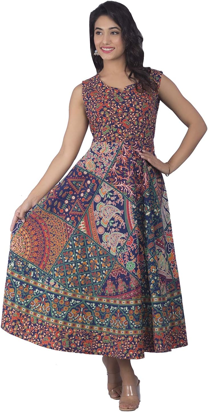 FrionKandy Women's A-Line Cotton Rajasthani Floral Print Fit & Flared Maxi Gown Dress - (Free Size Upto XXL, Multi-Coloured)