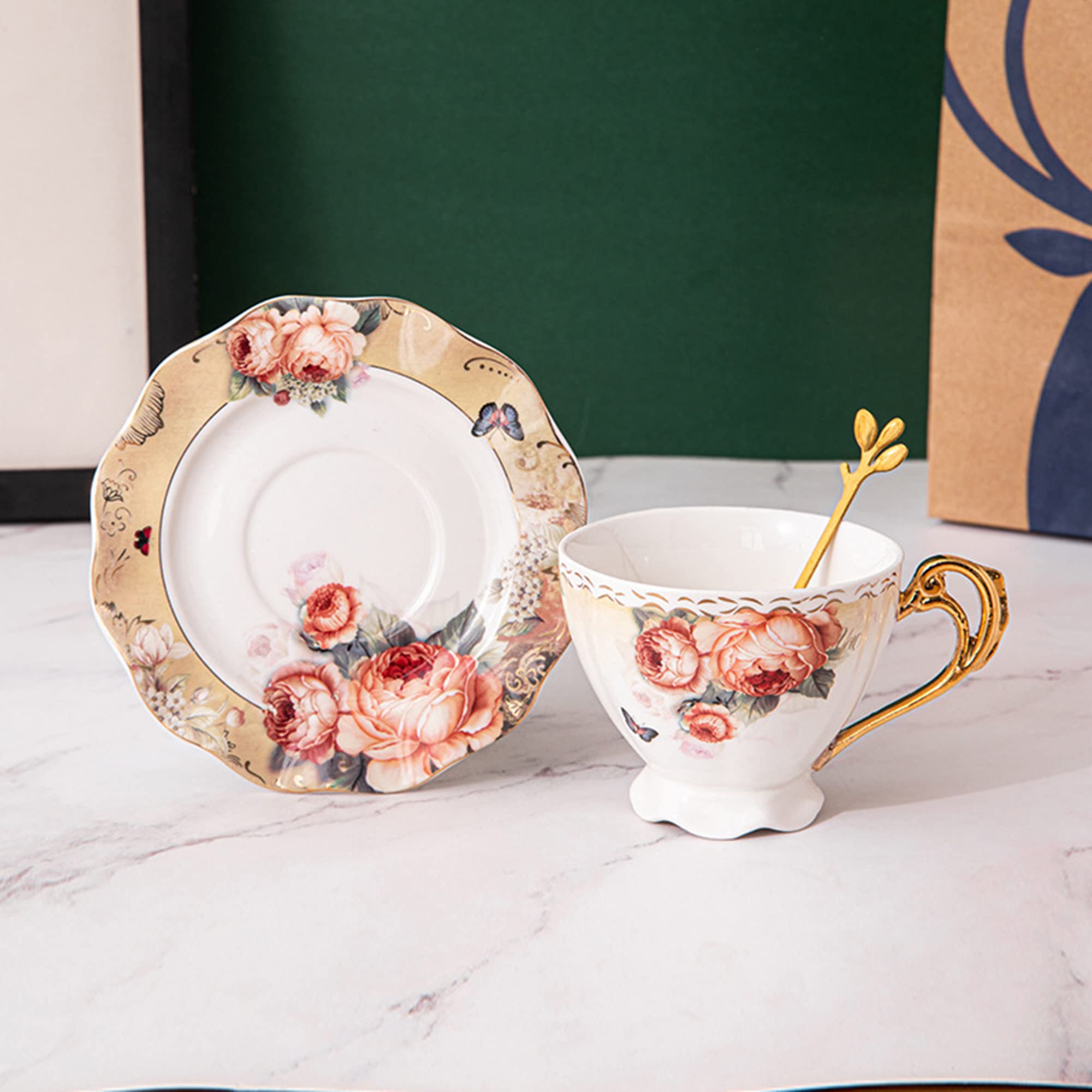 Fanquare Tasse Thé Jaune Vintage 200ml Avec Soucoupe & Cuillère Dorée – Porcelaine Espresso Cappuccino Élégante