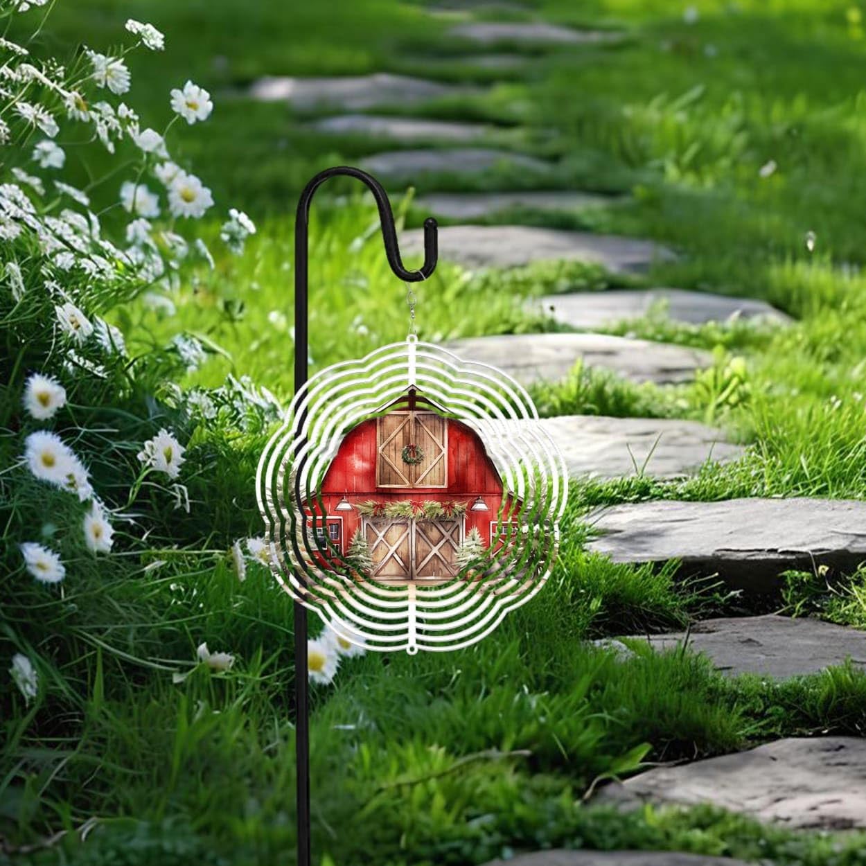 Red Barn Farmhouse Christmas Wind Spinners 3D Stainless Steel Laser Cut Metal Double Sided Printing-Hanging Indoor/Outdoor Decorations Yard Gardening Decor,Metal Kinetic Art 16x16 inches