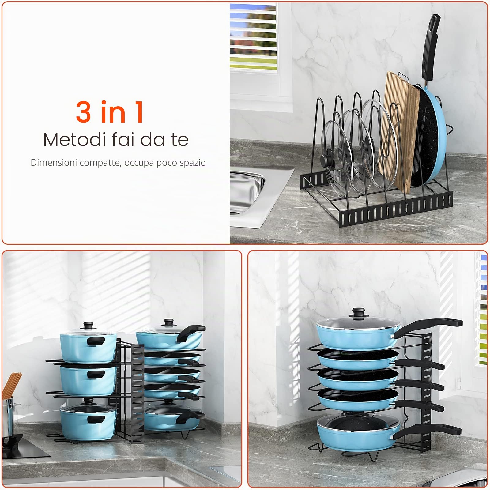 Contenitore Acciaio al carbonio per pentole nell'armadio con 8 scomparti regolabili, coperchio casseruola, per cucina piatto, Nero