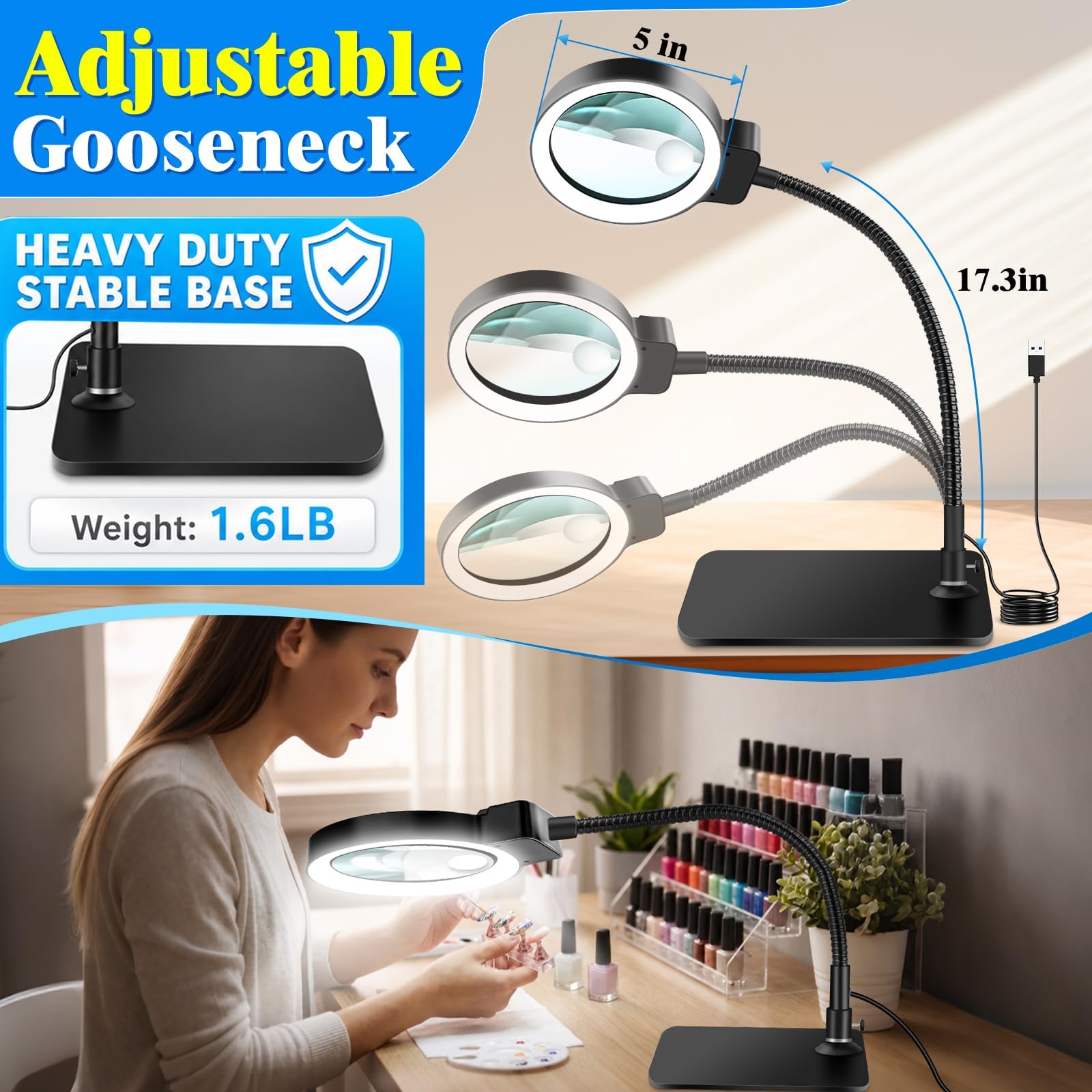 Grande loupe 30x 10x avec lumière et support, lampe de bureau à LED
