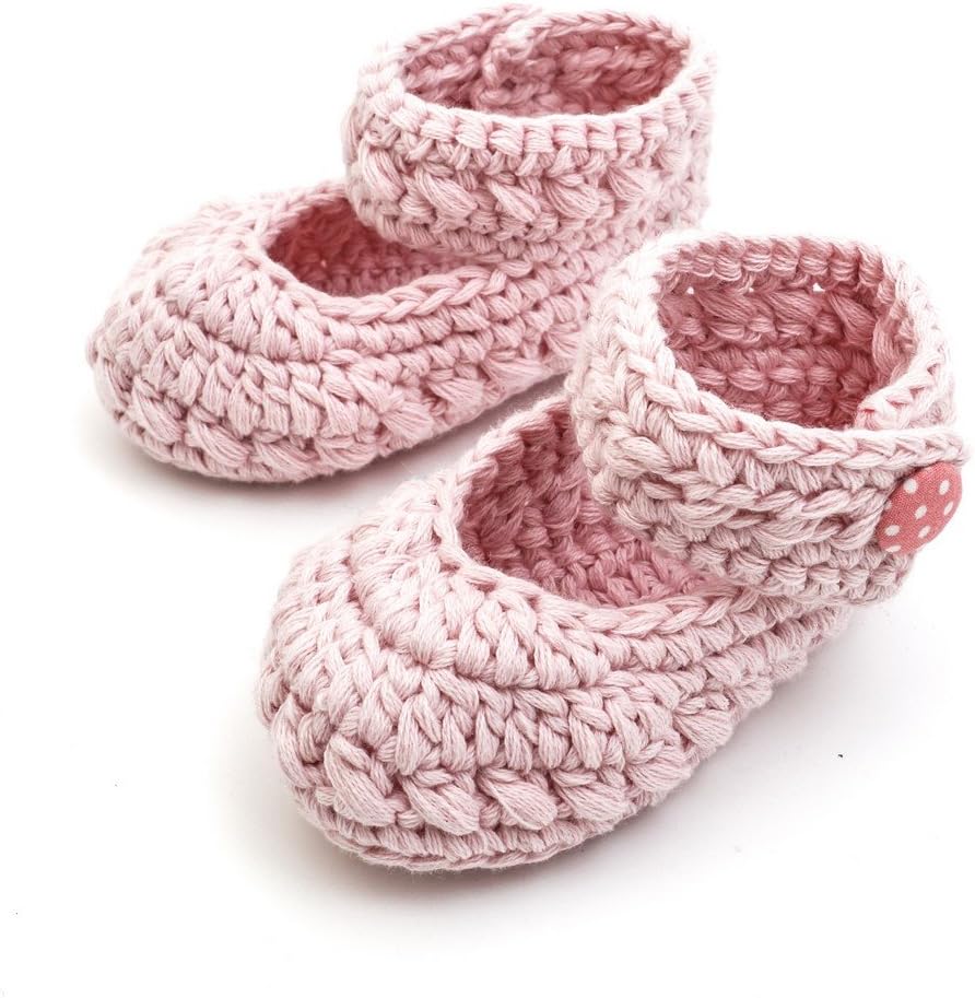 Crochet Baby Booties Newborn Socks Shoes Pink with Polka Dot Button (6-12 Monthes)