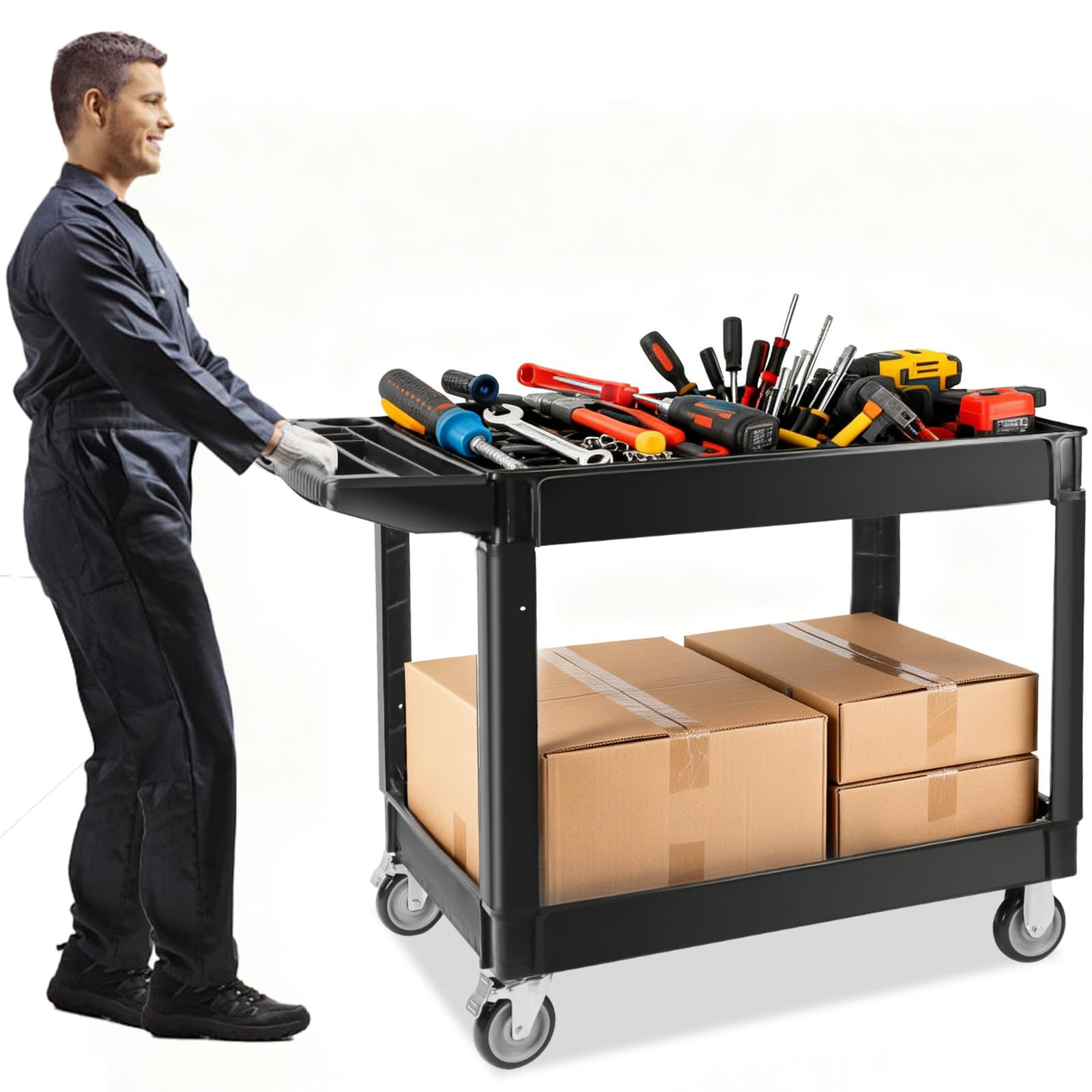 TOROKOM Carrello multiuso pesante a 2 livelli su ruote, carrello da 550 libbre di capacità aggiuntiva Grande carrello di servizio multiuso manico nero organizzatore di immagazzinaggio portatile