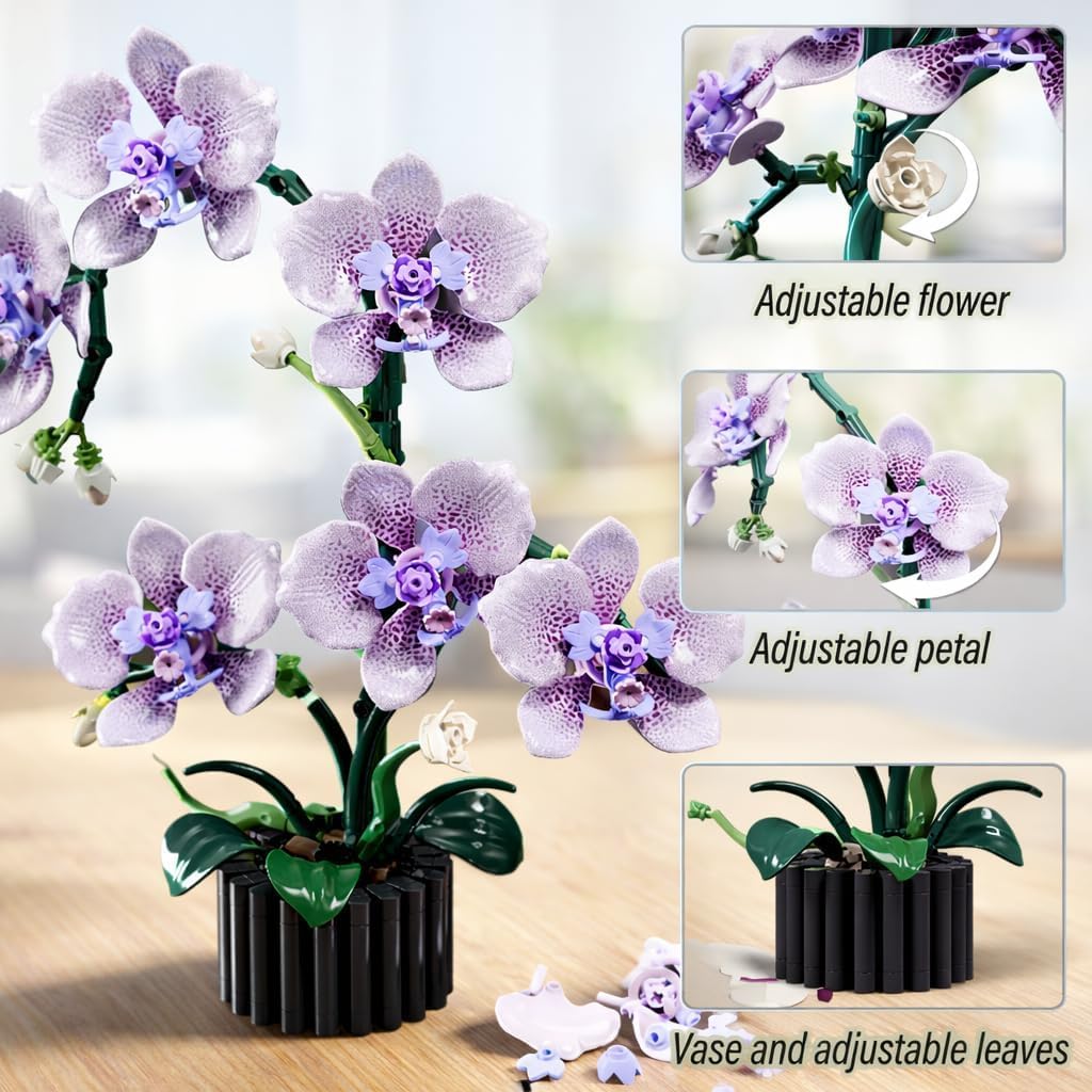 Purple Orchid Building Block Set with Vase 619 Pcs, Phalaenopsis Floral Model Kits, Compatible with Lego Flowers for Mother's Day, Anniversary, Birthday for Adults & Teens Ages14+