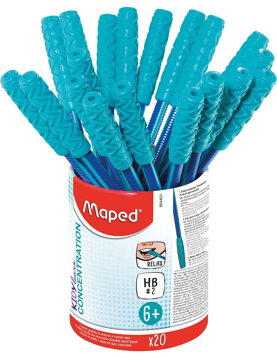 Maped - Kidy Learn Concentration- 20 matite grafite ergonomiche con punta Rilassante da masticare - Mina HB2 - Corpo testurizzato con impugnatura