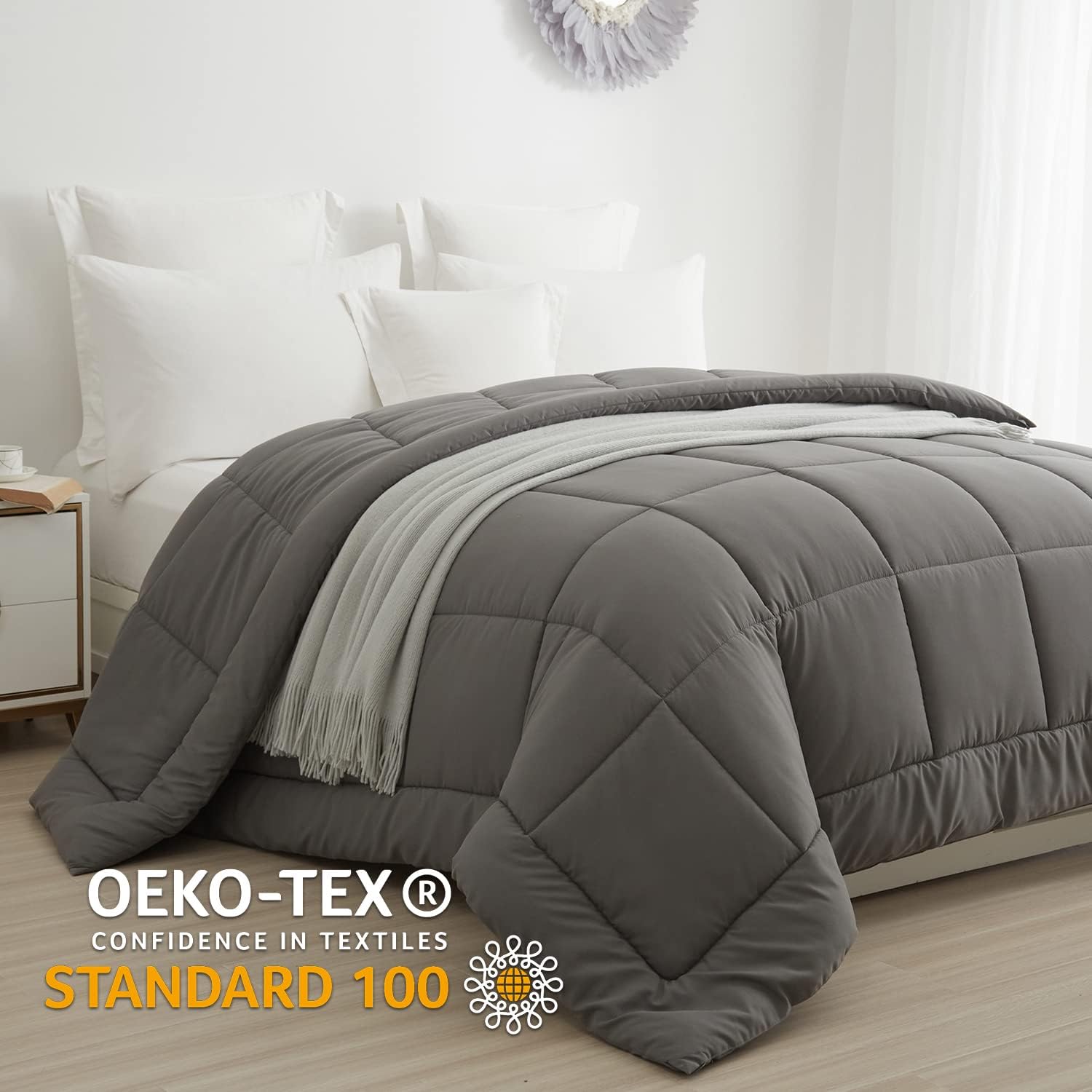 BedTreat Down Alternative Comforter with Corner Tabs - All Season Quilted Twin Size 240 GSM Grey Comforter, Machine Washable Microfiber Bedding