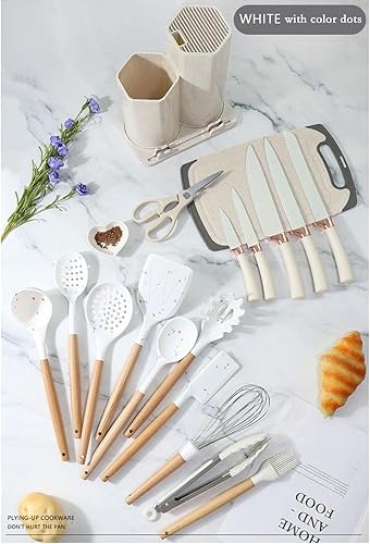 Miniatura 9 de BRIIEC Juego de utensilios de cocina de silicona con mango de madera 18 en 1, juego de cuchillos con bloque, herramientas de cocina, accesorios de