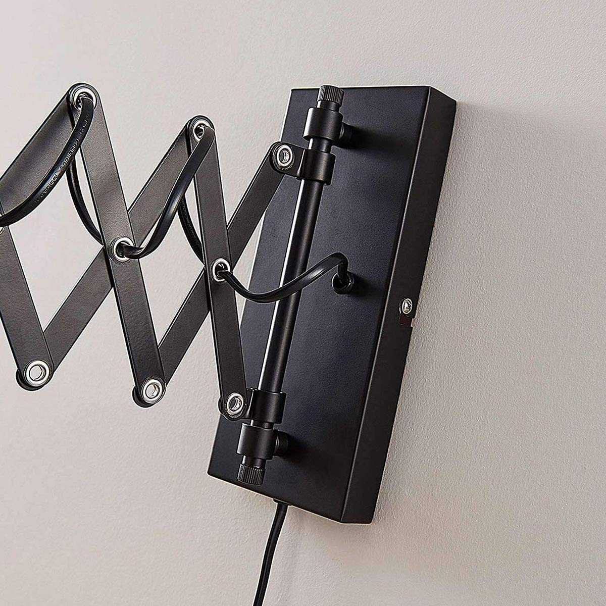 Schlafzimmer Industrie Wandleuchte mit Schalter, Metall Ausziehbare Scherenarm Innen Ausrichtbare Vintage Schwarze Wandlampe Kipp-am Kabel (1,5m lang) mit Stecker E27-Fassung, Max. 60W