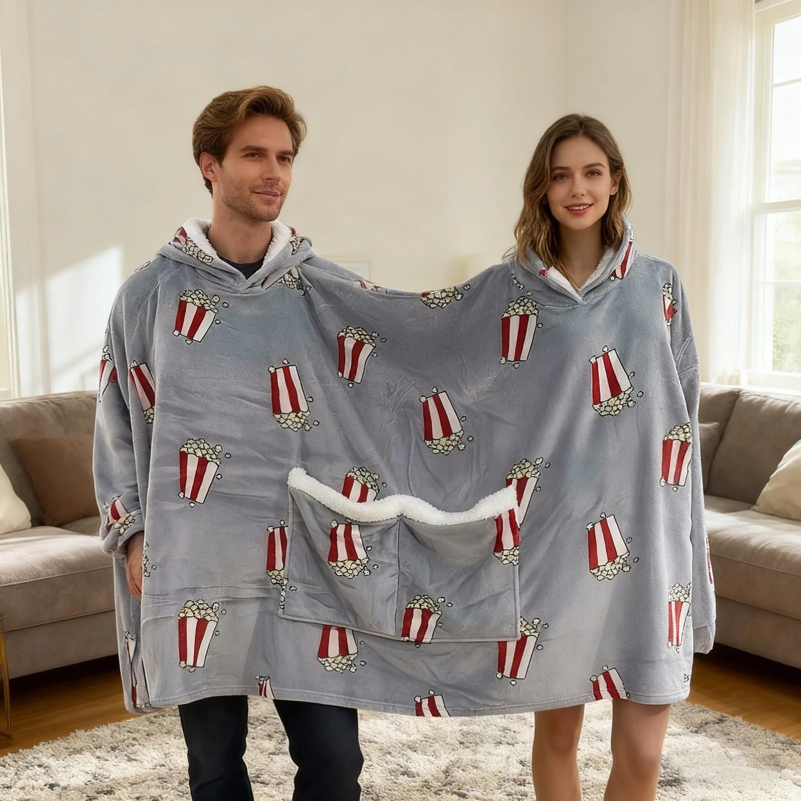 Coperta con cappuccio e tasca condivisa, felpa con doppio cappuccio con stampa popcorn, pigiama abbinato, regalo per coppie o amici