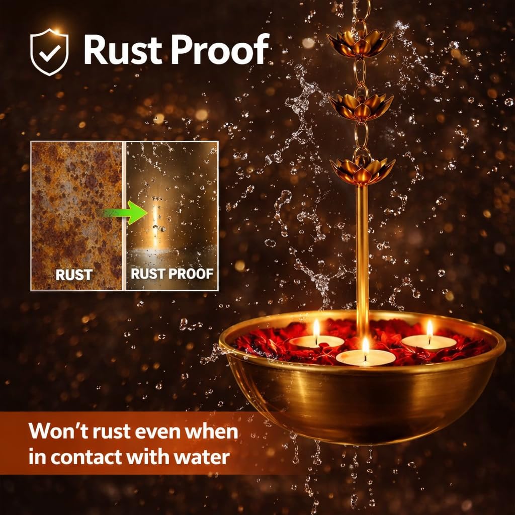 Hanging Urli Bowl for Home Decoration | Metal Urli Pot with Lotus Chain for Floating Flowers & Candles | Diwali Decoration Items for Home | Door Hanging Tealight Holder | Golden, Set of 1 3